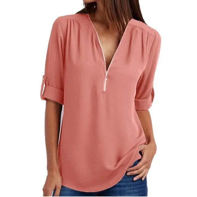 2021 Women's Sexy V Neck Zipper Top Casual T-Shirt Sizes S - 5XL