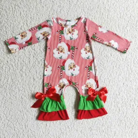 6 A2-30 baby girls christmas candy and santa print long sleeve romper with red bows