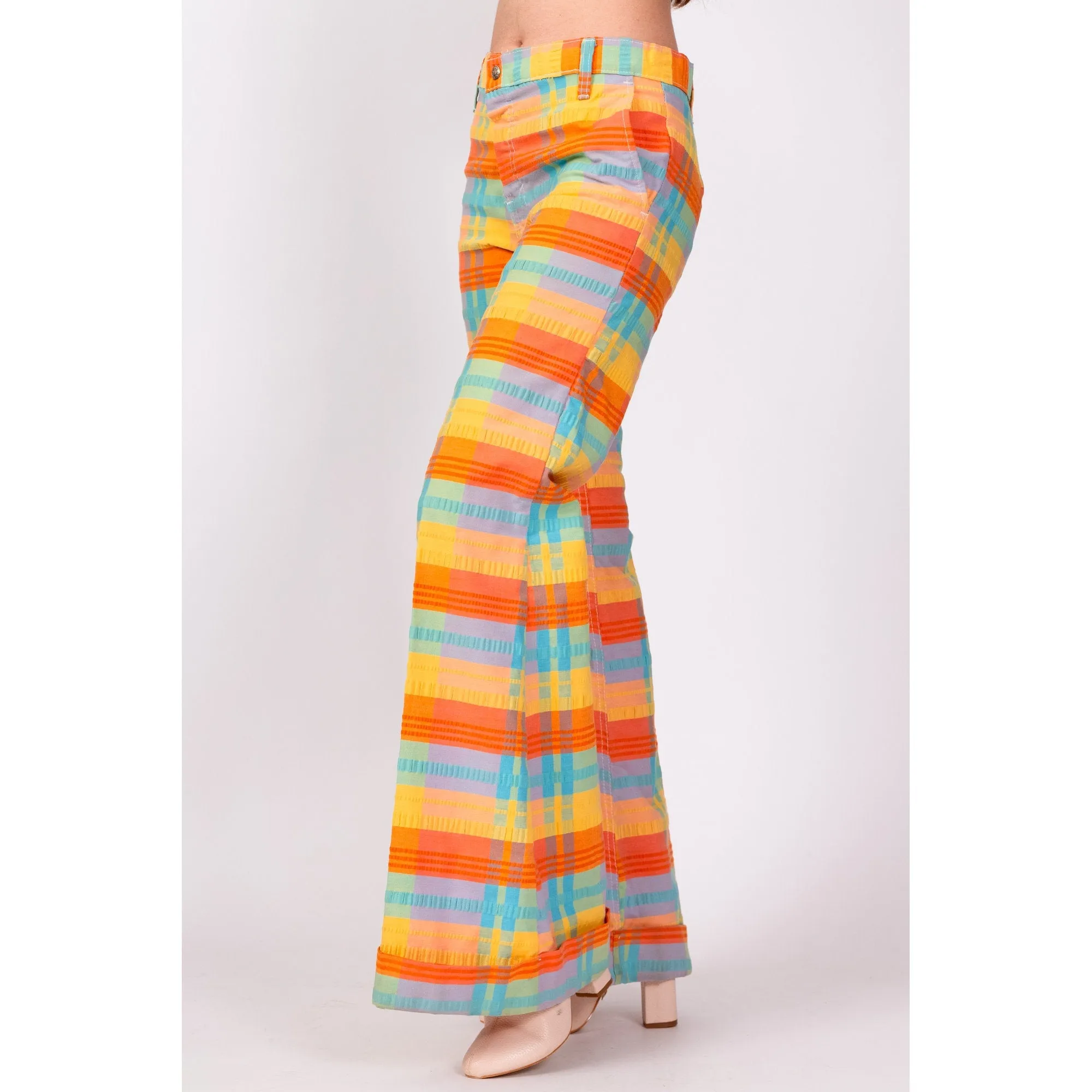 70s Colorful Plaid Bell Bottoms - Extra Small