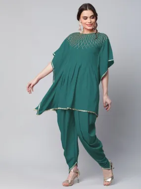 Ahalyaa Women Dark Green Crepe Glitter Printed Kurta with Dhoti Pants