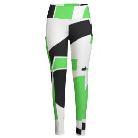 All-Over Print Women's High Waist Leggings With Side Pocket38 black, green, and white print