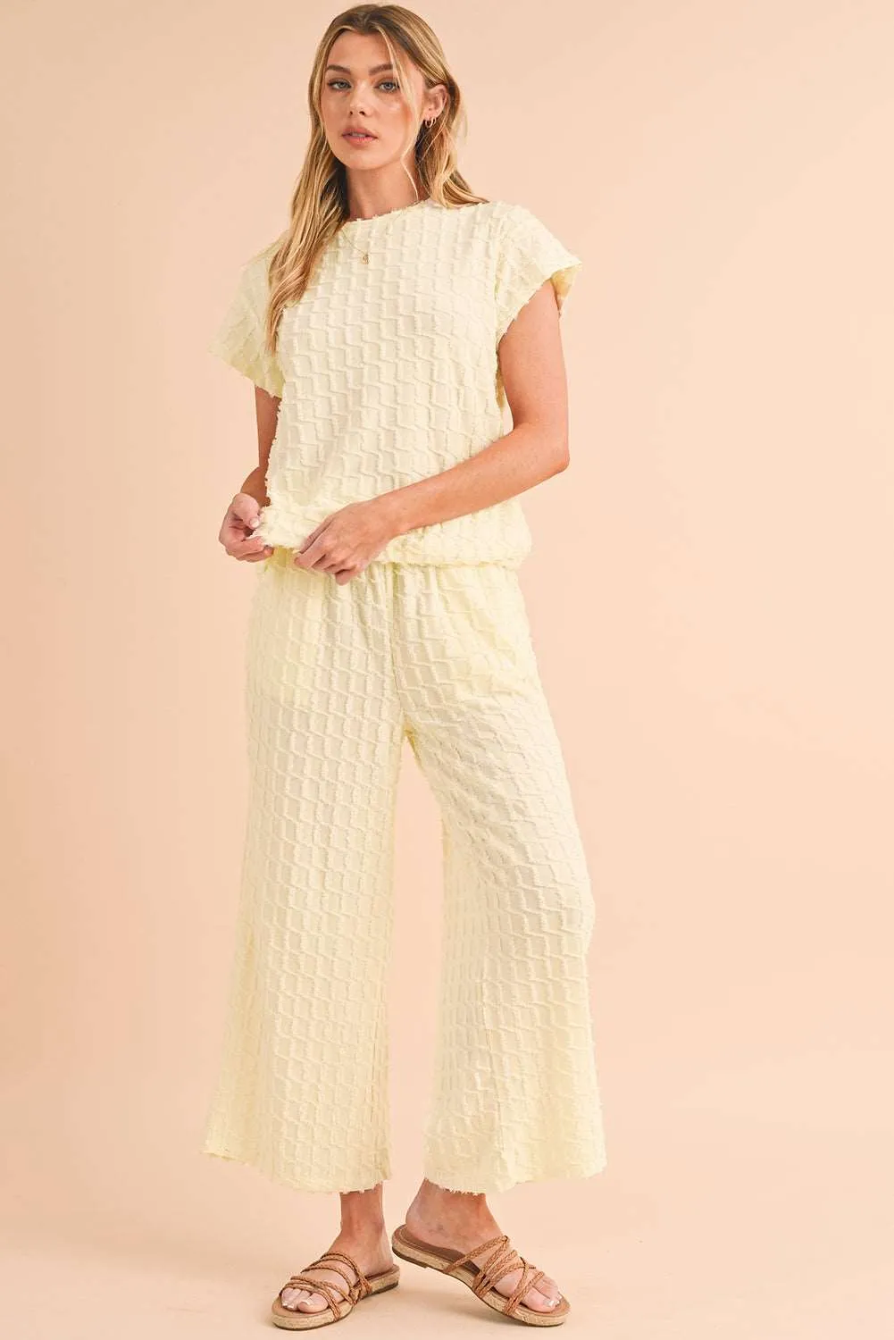 Apricot Lattice Textured Tee and Wide Leg Pants Two-Piece Set