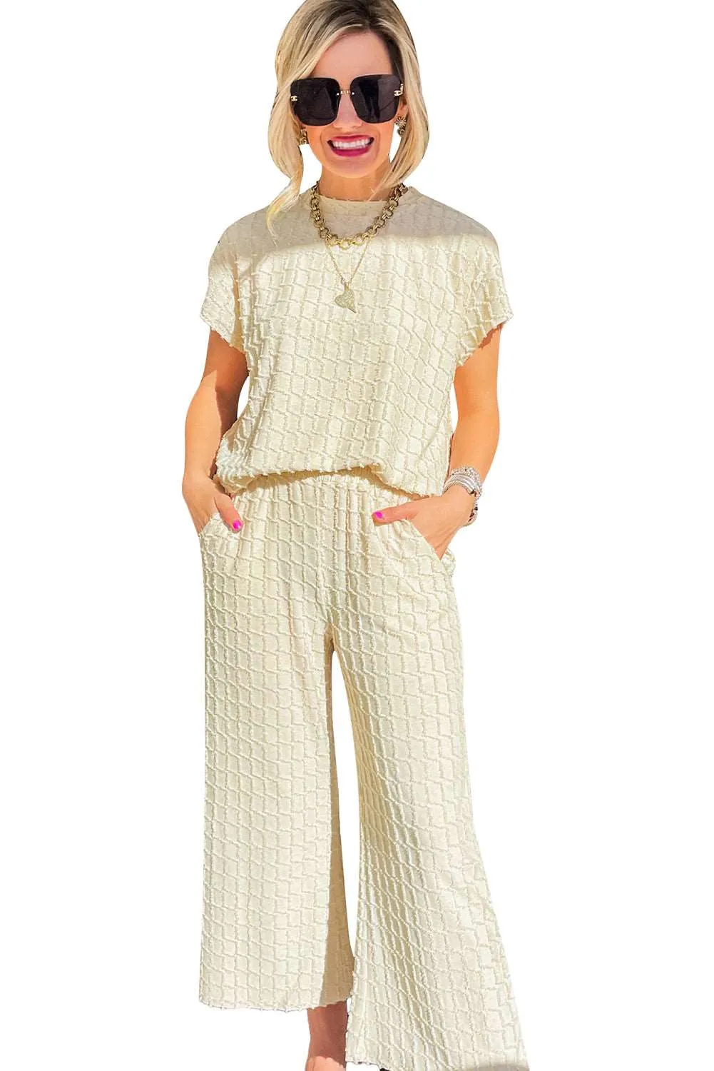 Apricot Lattice Textured Tee and Wide Leg Pants Two-Piece Set