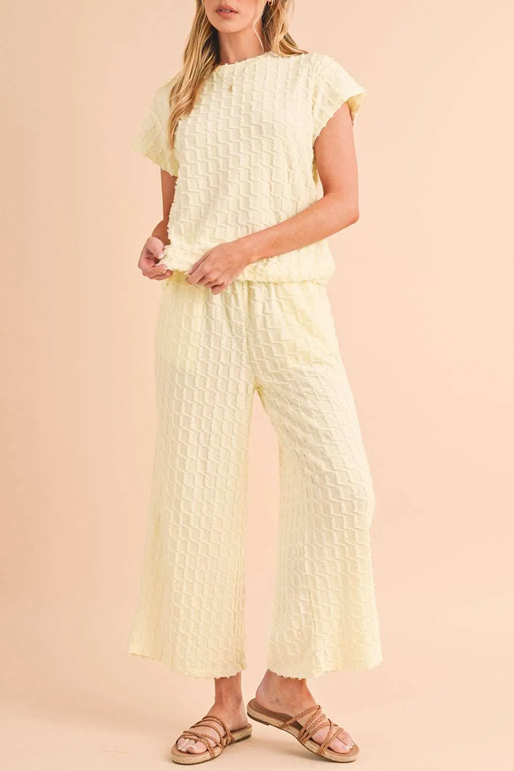 Apricot Lattice Textured Tee and Wide Leg Pants Two-Piece Set