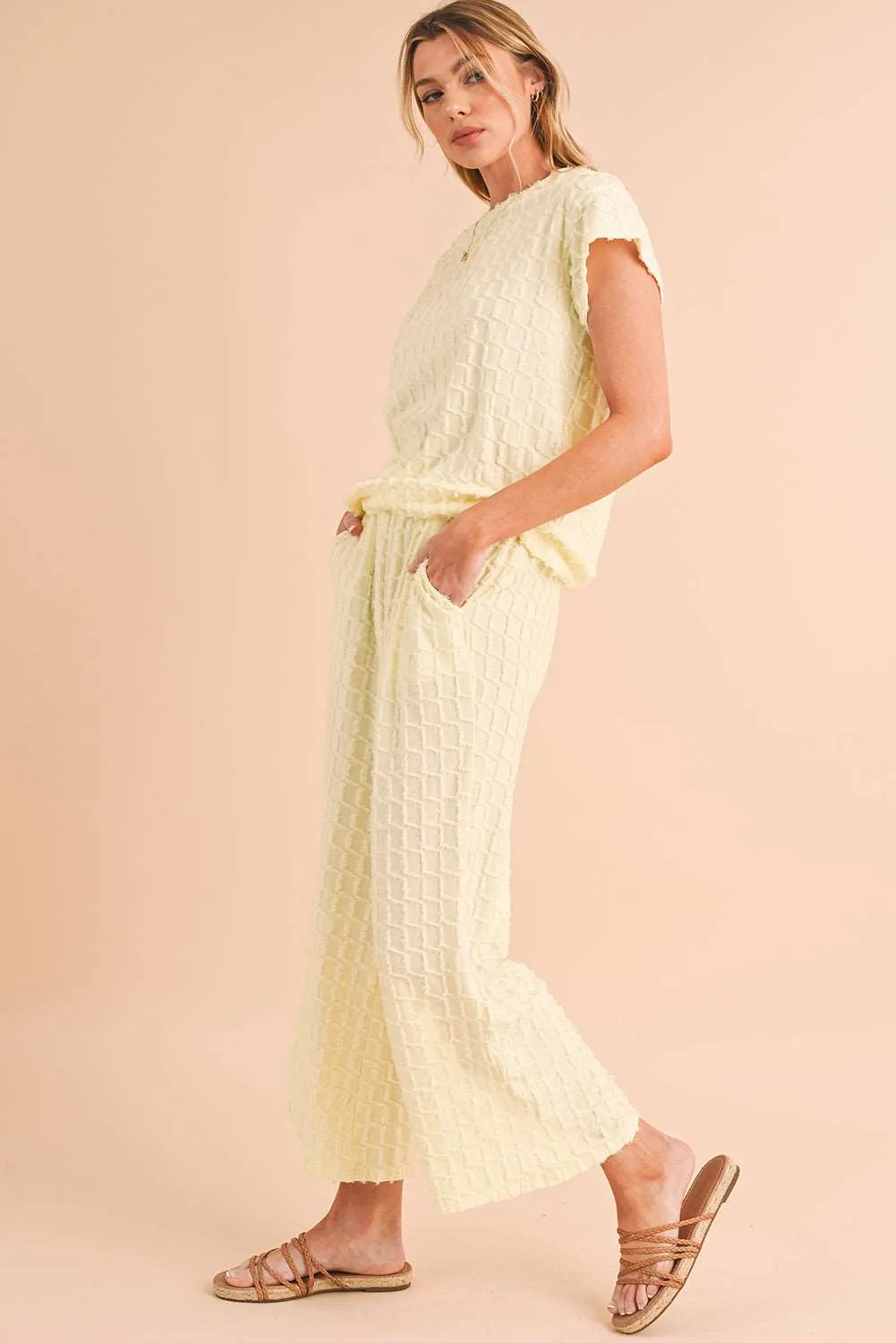 Apricot Lattice Textured Tee and Wide Leg Pants Two-Piece Set