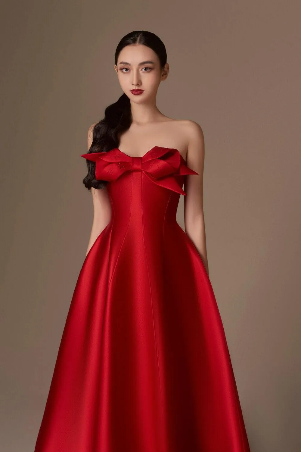 Aries Flared Semi-Heart Neck Taffeta Midi Dress