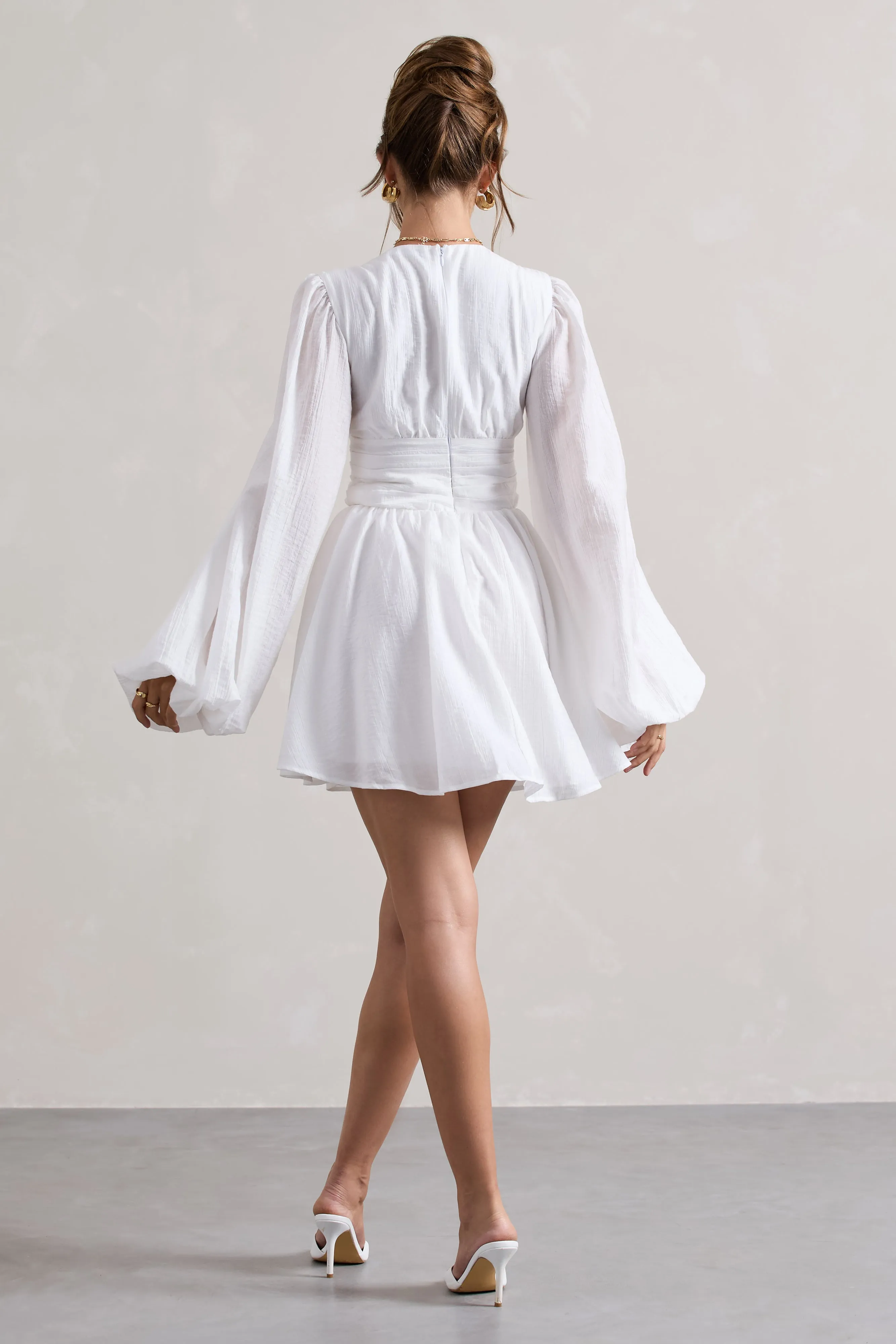 Avalon | White Plunge-Neck Balloon-Sleeve Mini Dress