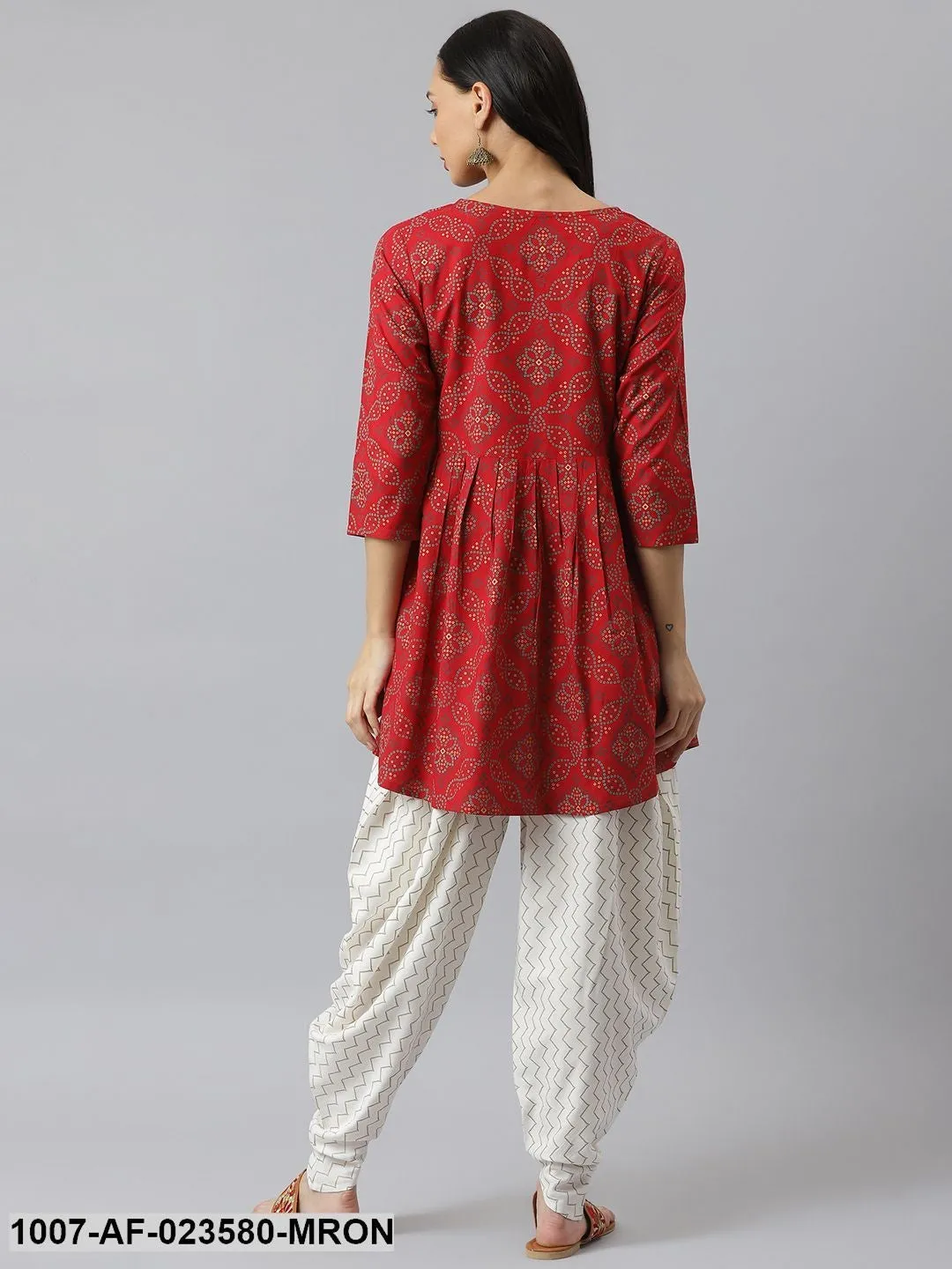 Bandhani Print Rayon Pleated Kurta Dhoti Pant Set