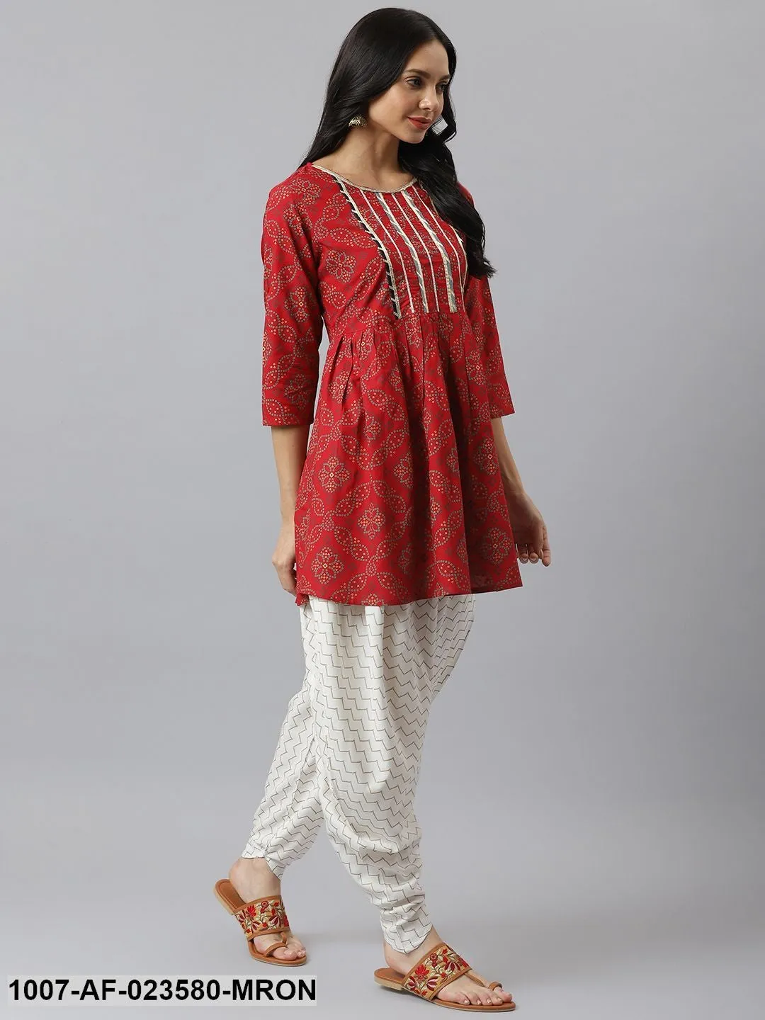 Bandhani Print Rayon Pleated Kurta Dhoti Pant Set