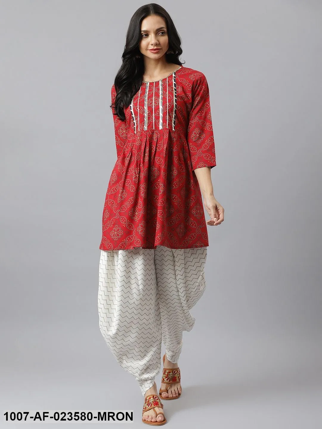 Bandhani Print Rayon Pleated Kurta Dhoti Pant Set