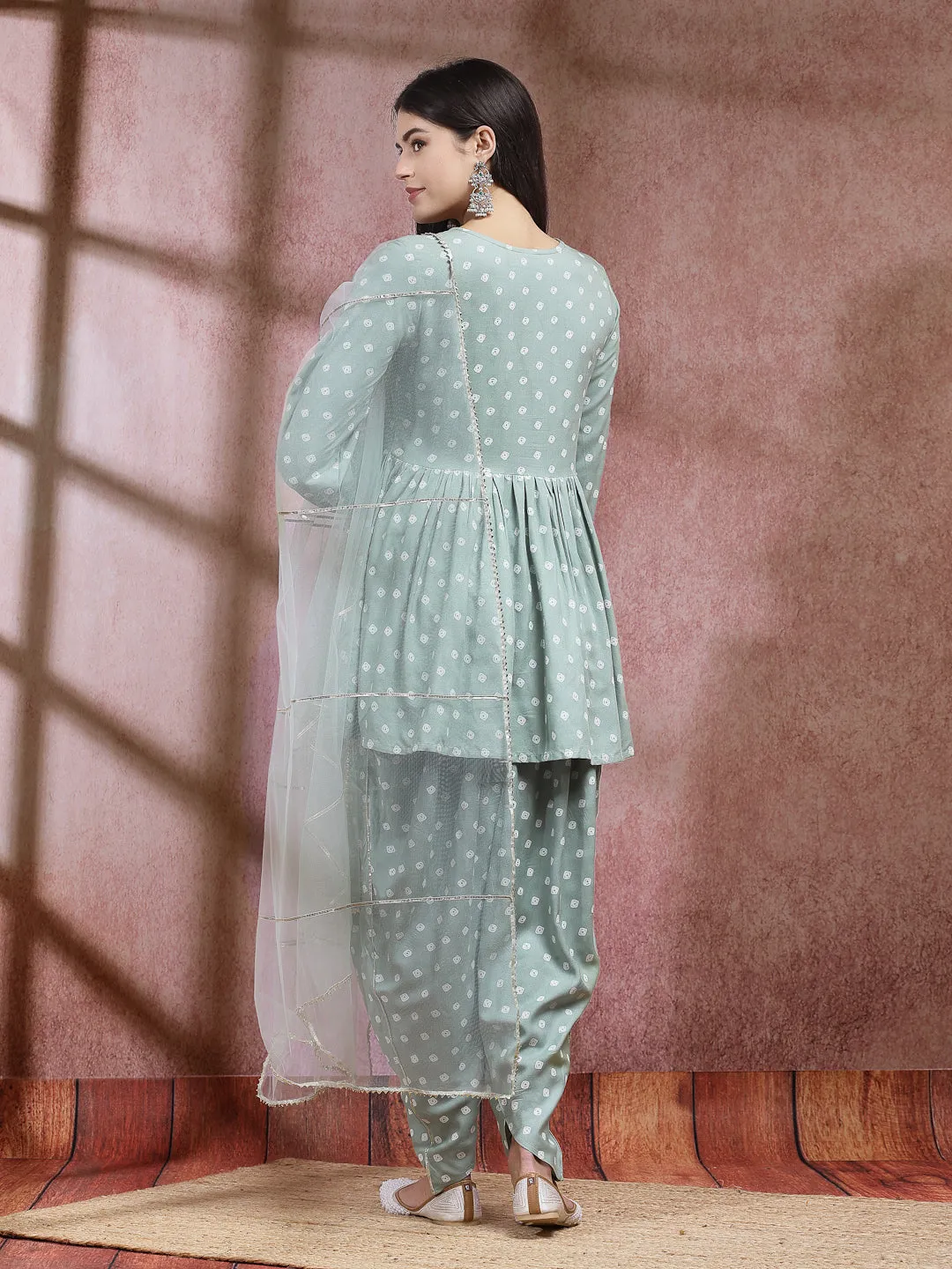 Bandhani Printed & Embroidered Rayon Pleated Kurti With Dhoti Pant & Dupatta Set