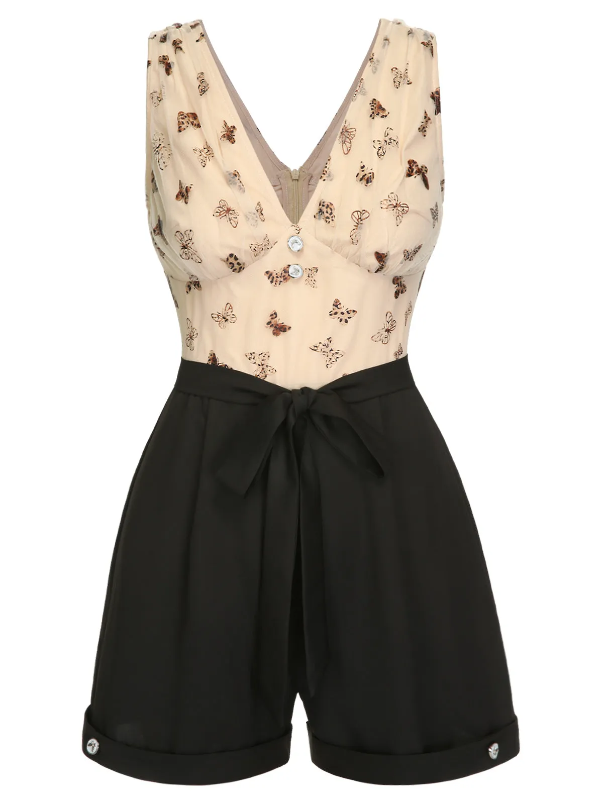 Beige 1950s Butterfly Mesh V-Neck Romper