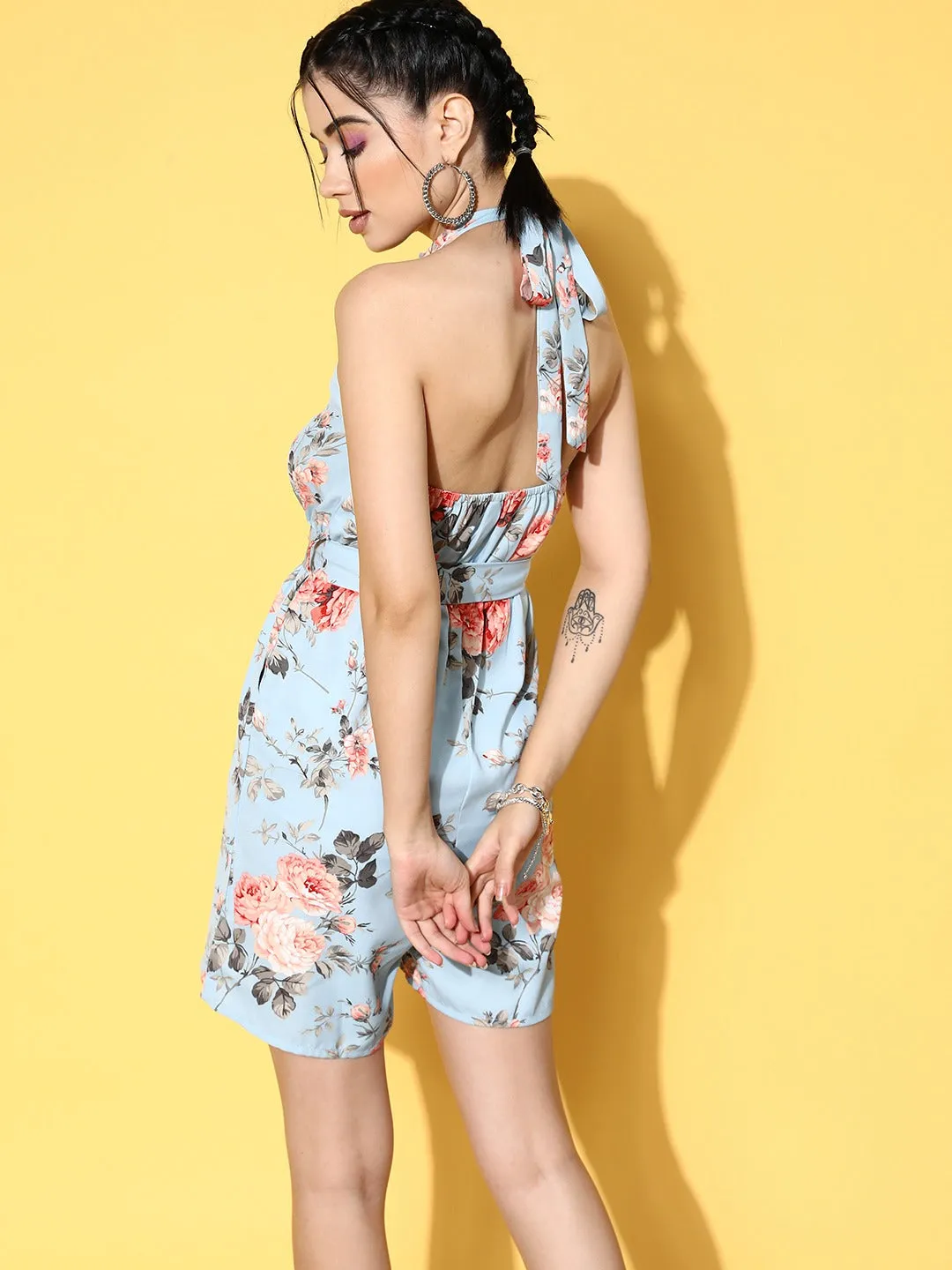 Berrylush Women Blue & Coral Floral Printed Halter Neck Sleeveless Waist Tie-Up Backless Mini Jumpsuit