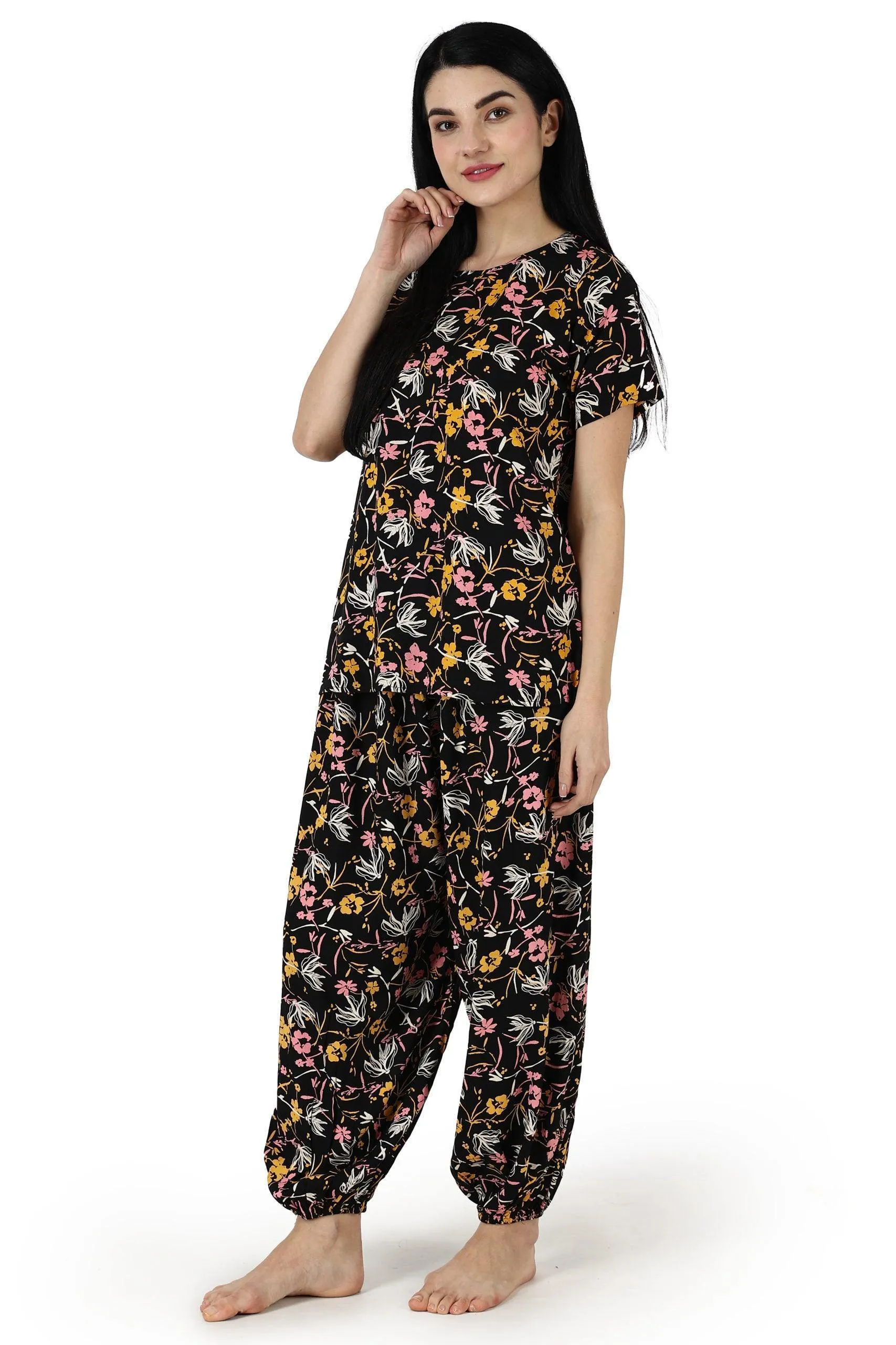 Black Floral Printed Night Suit Set with Harem Pants