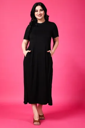 Black Solid Dress with High Neck