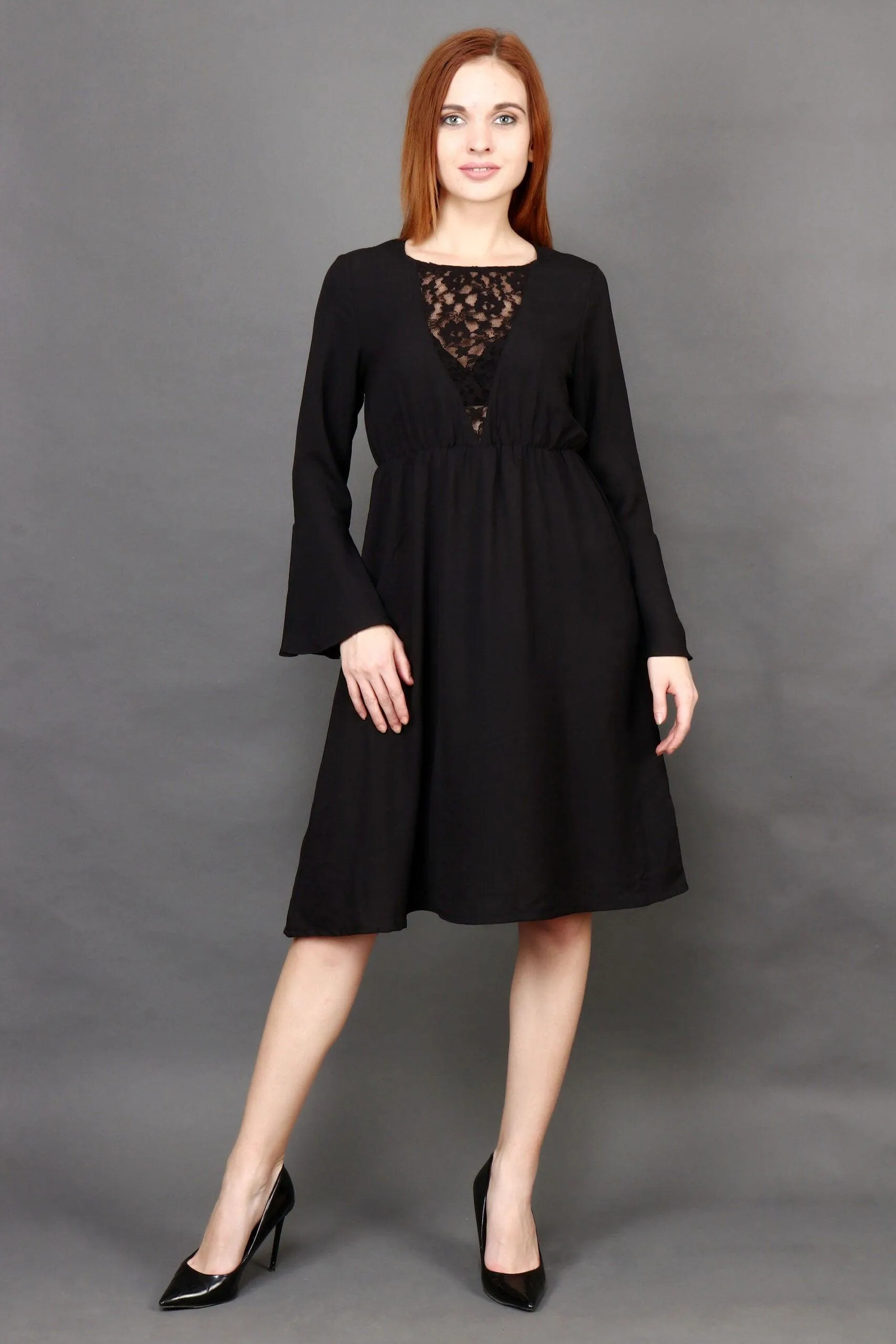 Black Solid Dress with Net Mesh Front