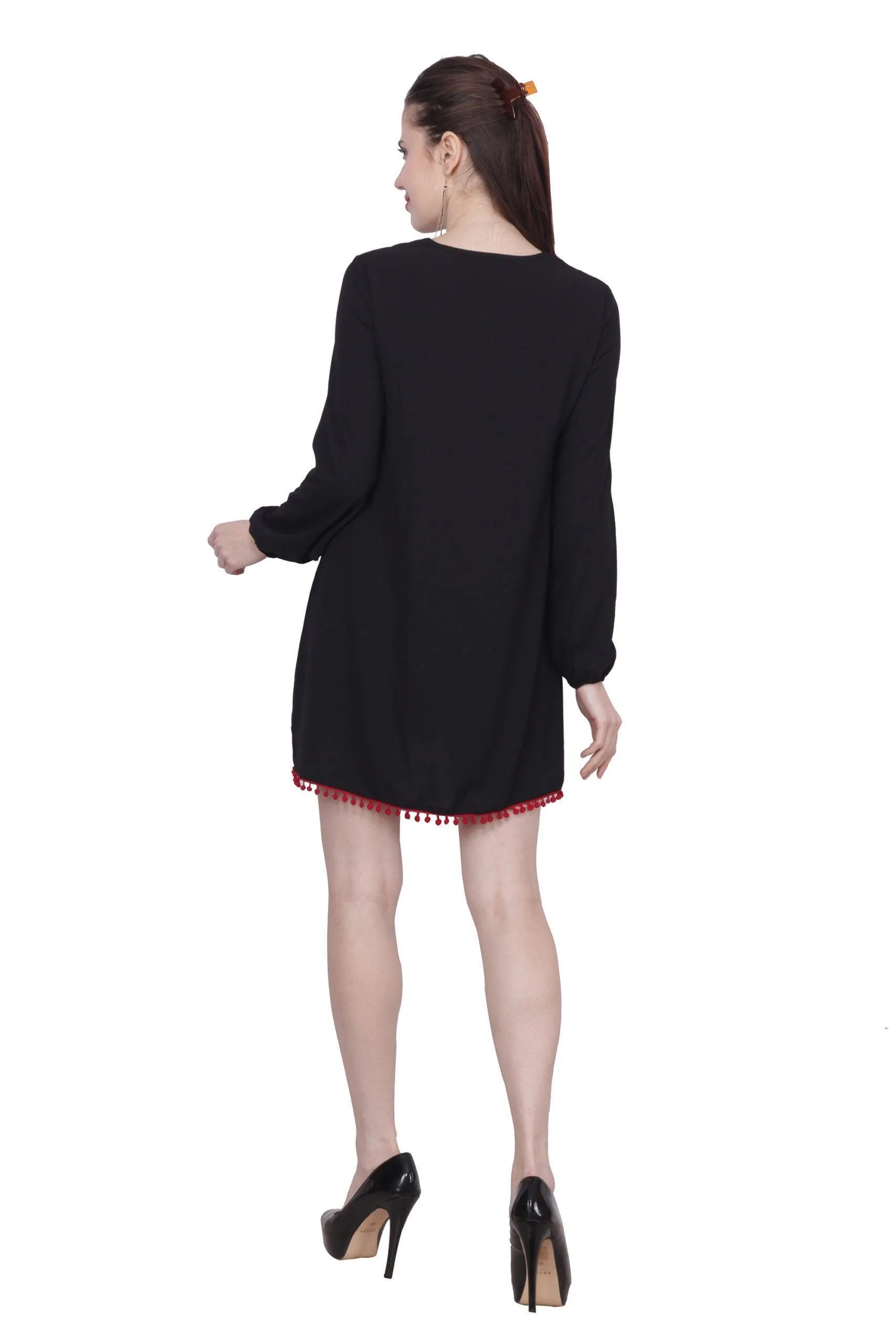 Black Solid Dress with Pompom