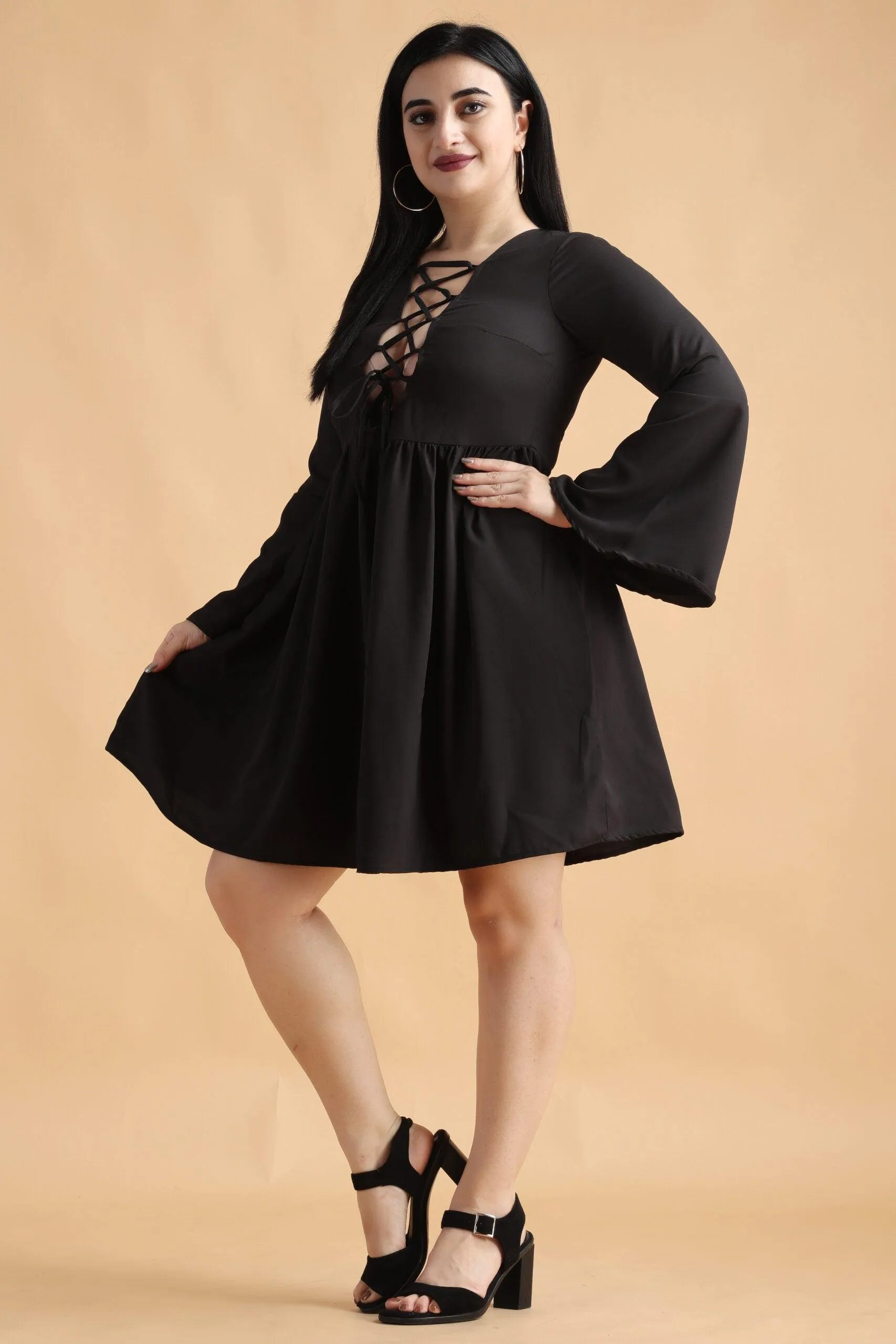 Black Solid Front Open Criss Cross Dress