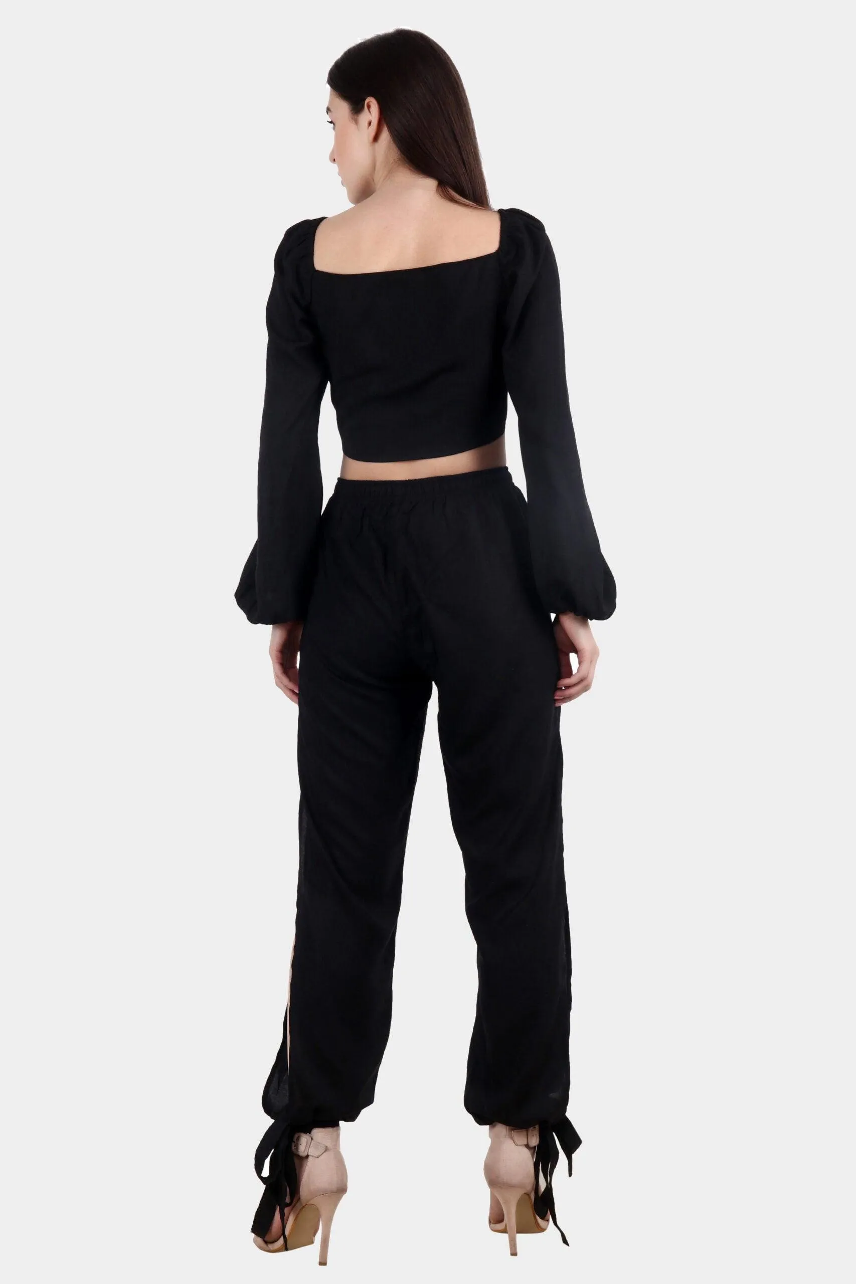 Black Solid Side Slit Rayon Bottom Tie Pyjamas