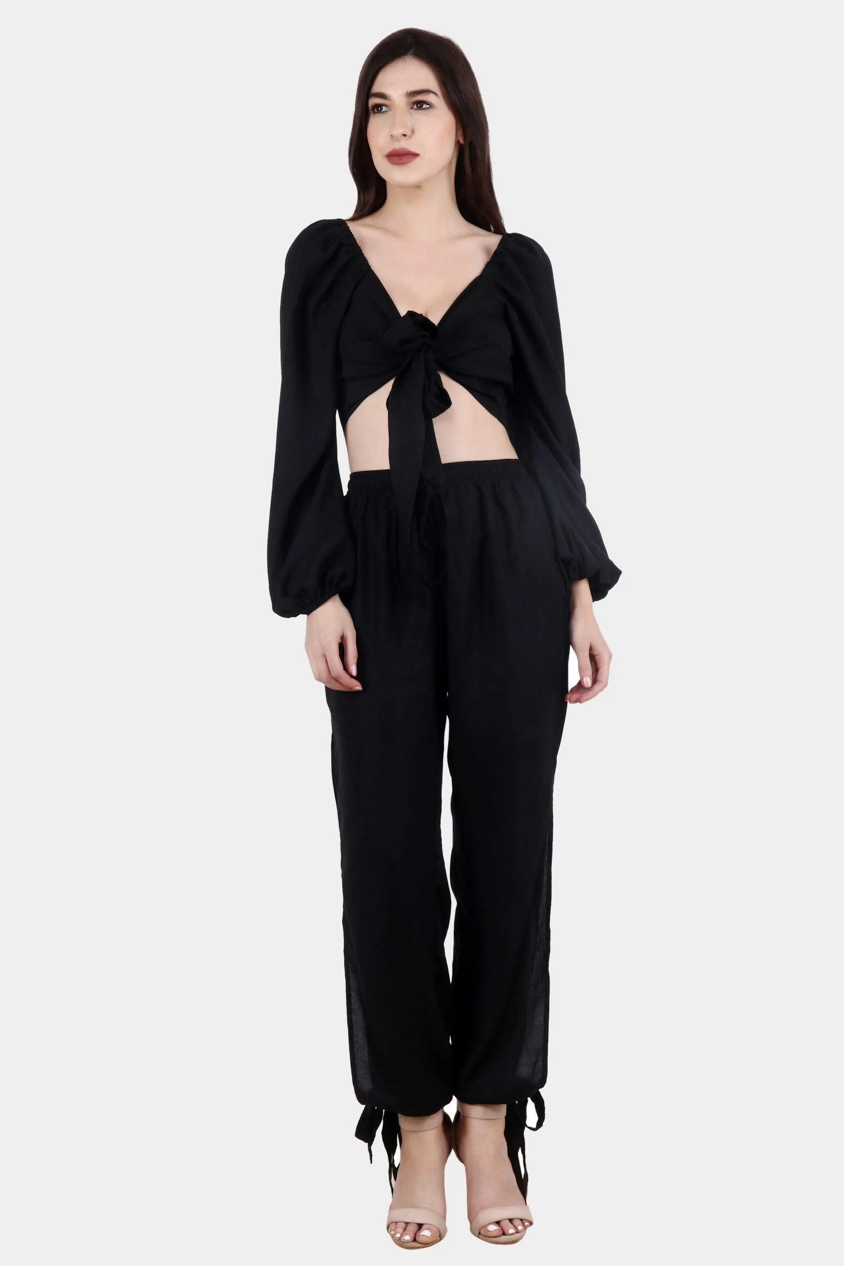 Black Solid Side Slit Rayon Bottom Tie Pyjamas