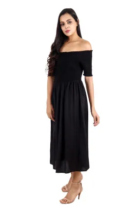 Black Solid Smocking Off Shoulder Dress