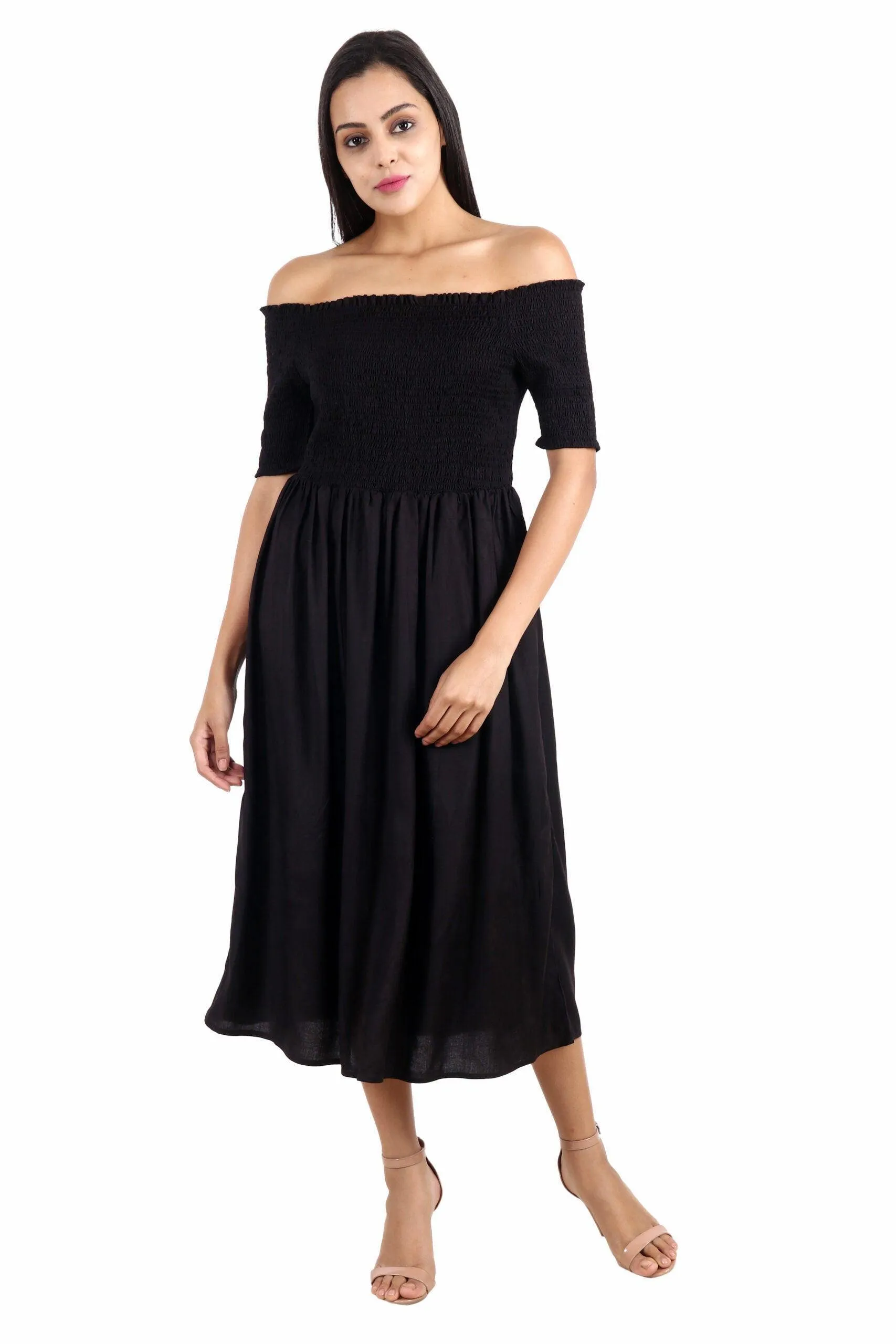 Black Solid Smocking Off Shoulder Dress