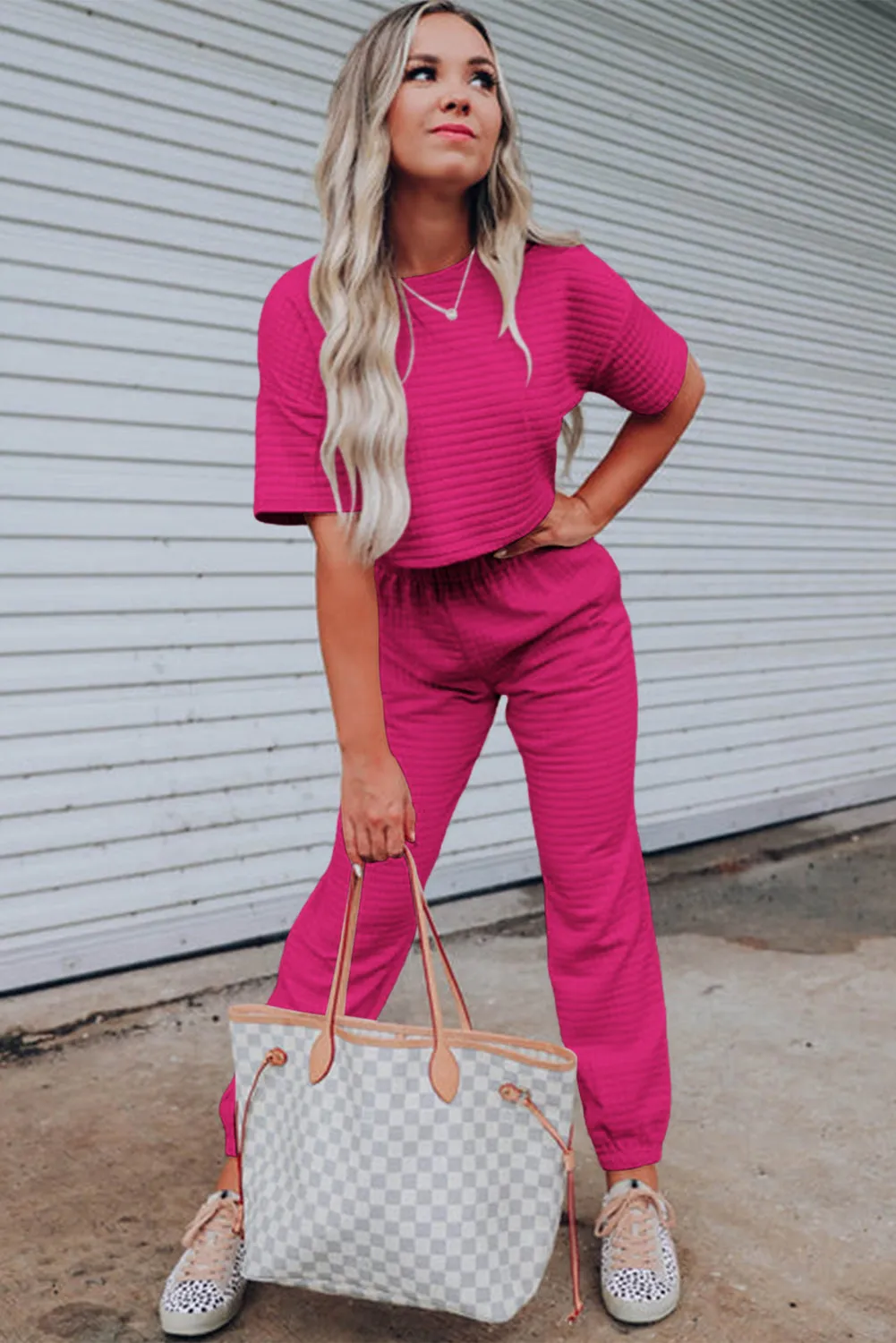 Black Textured Cropped Tee and Jogger Pants Set