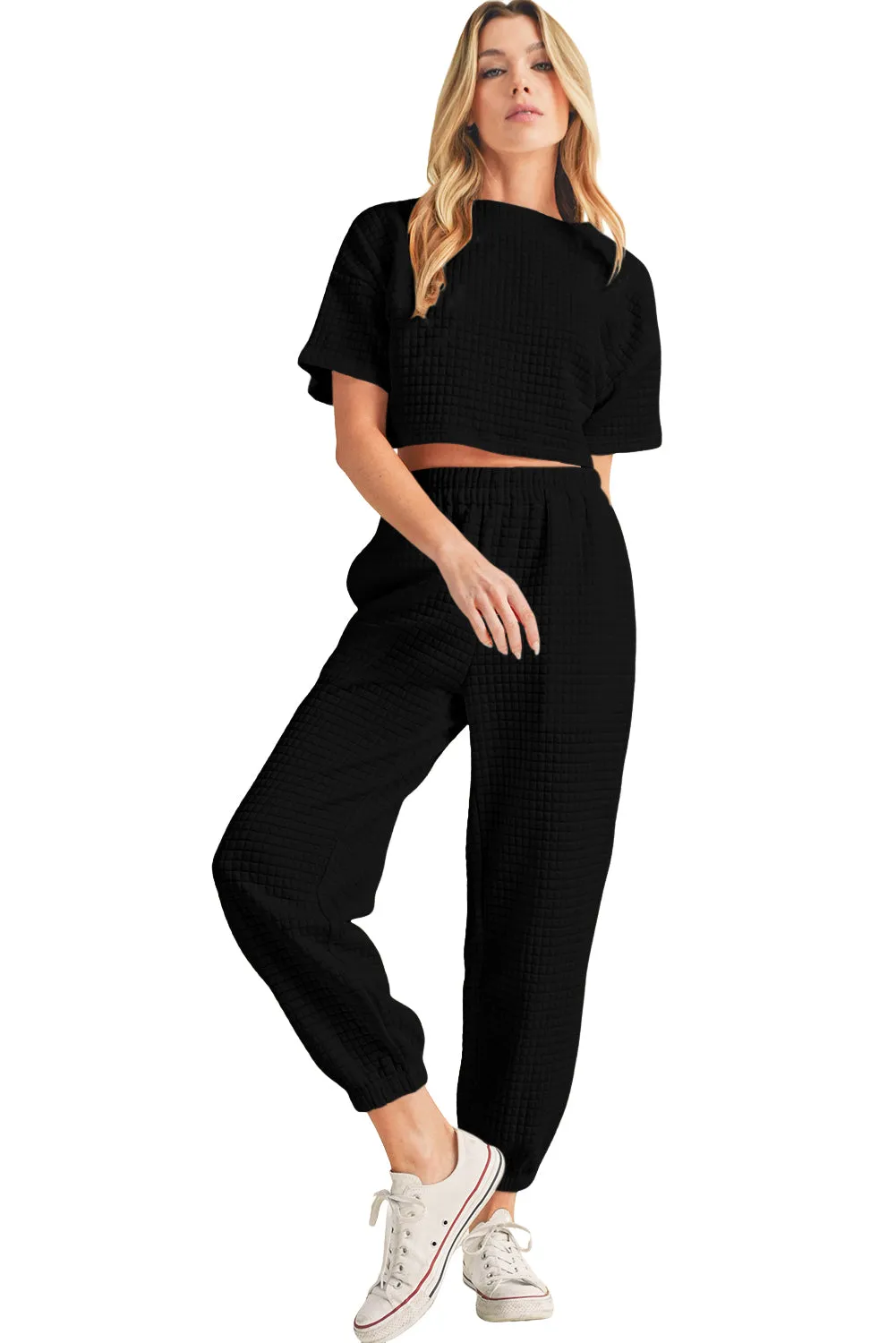 Black Textured Cropped Tee and Jogger Pants Set