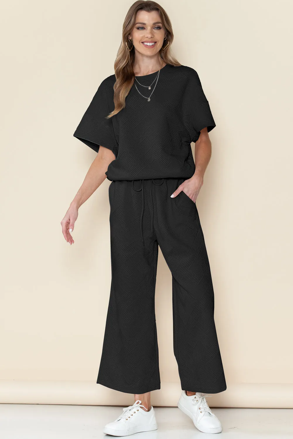 Black Textured Loose Fit T Shirt and Drawstring Pants Set