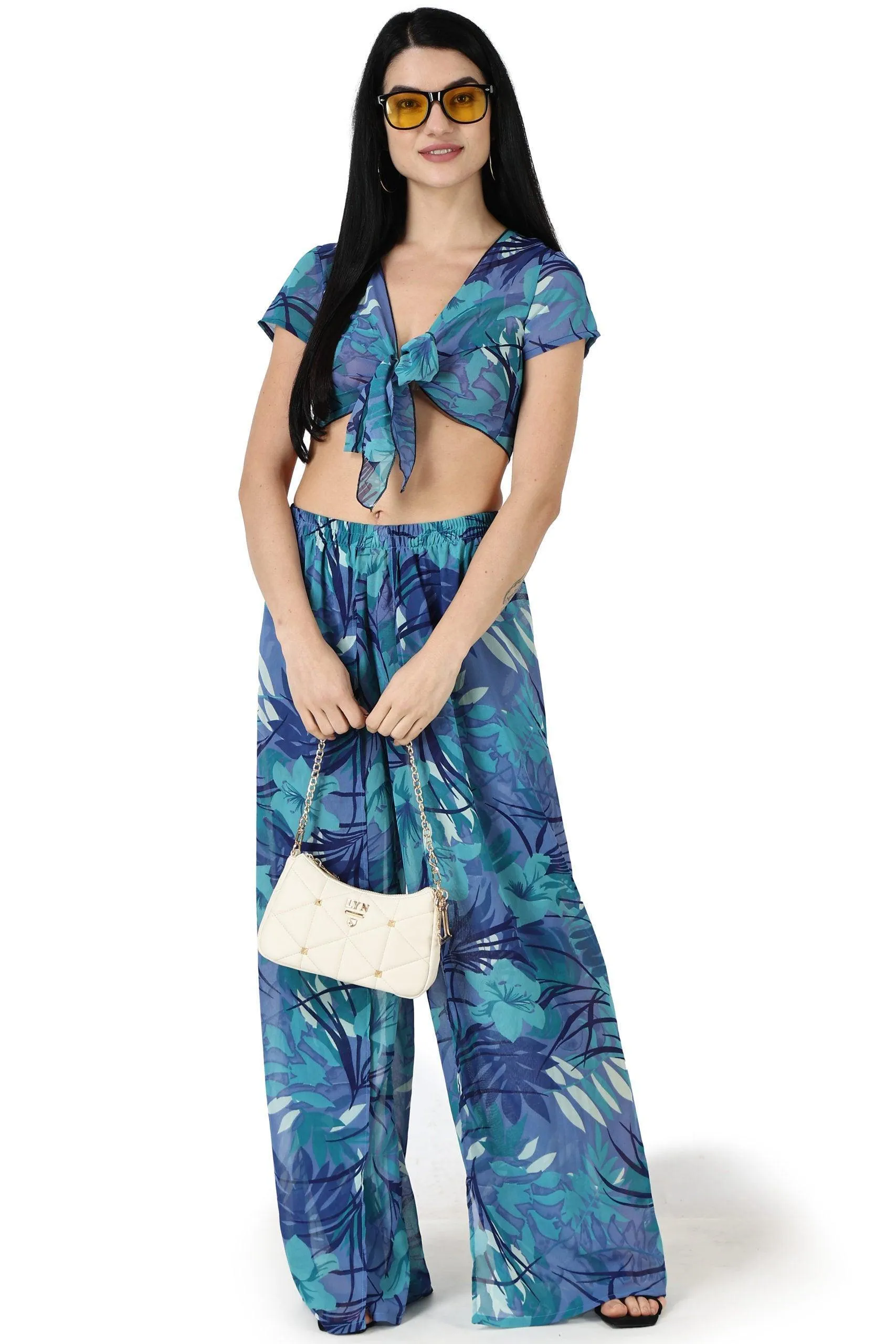 Blue Floral-Leaf Printed Front Tie Top with Flared Pyjama