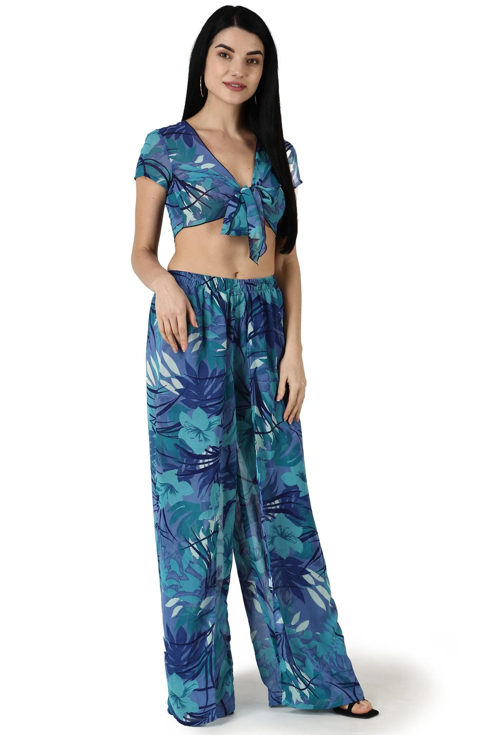 Blue Floral-Leaf Printed Front Tie Top with Flared Pyjama