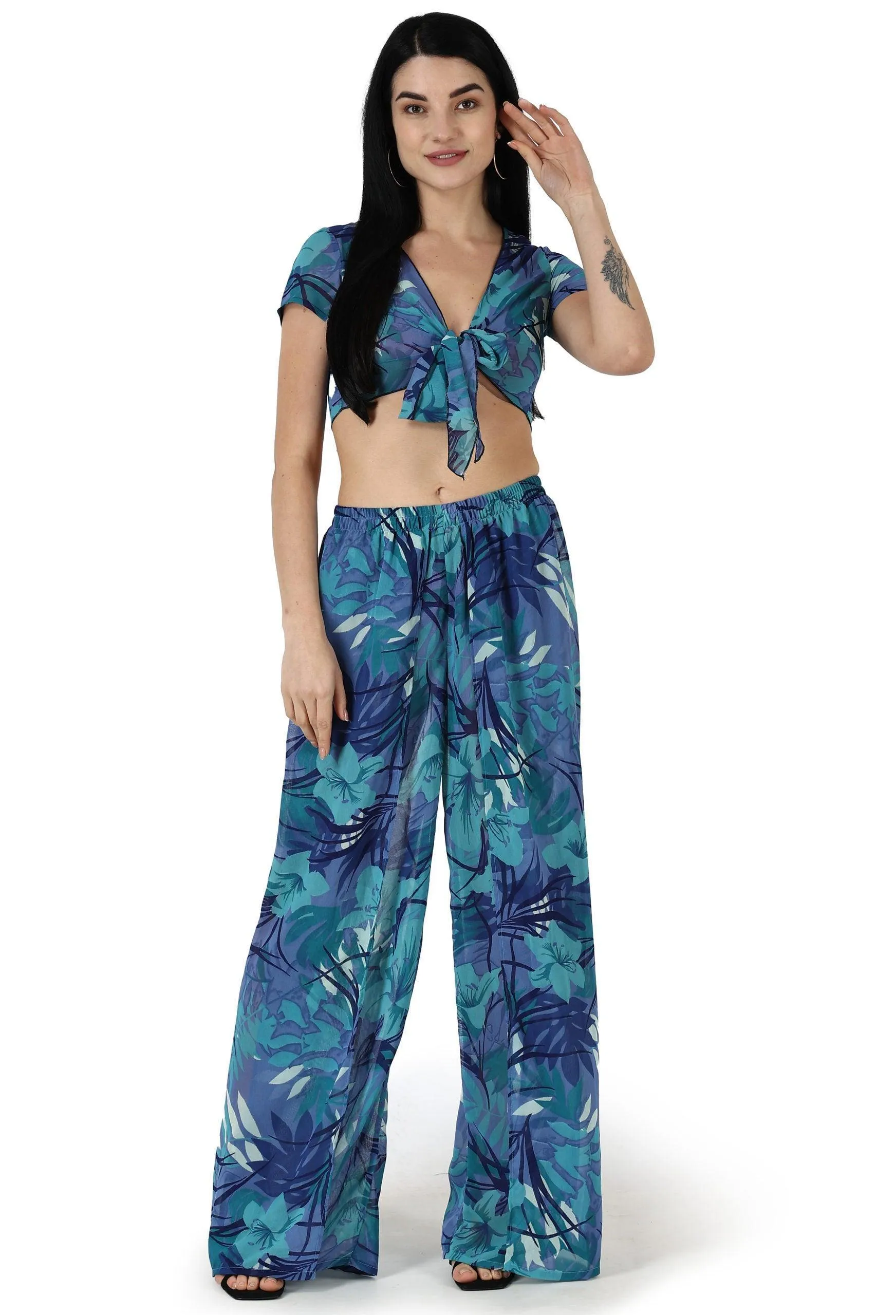 Blue Floral-Leaf Printed Front Tie Top with Flared Pyjama