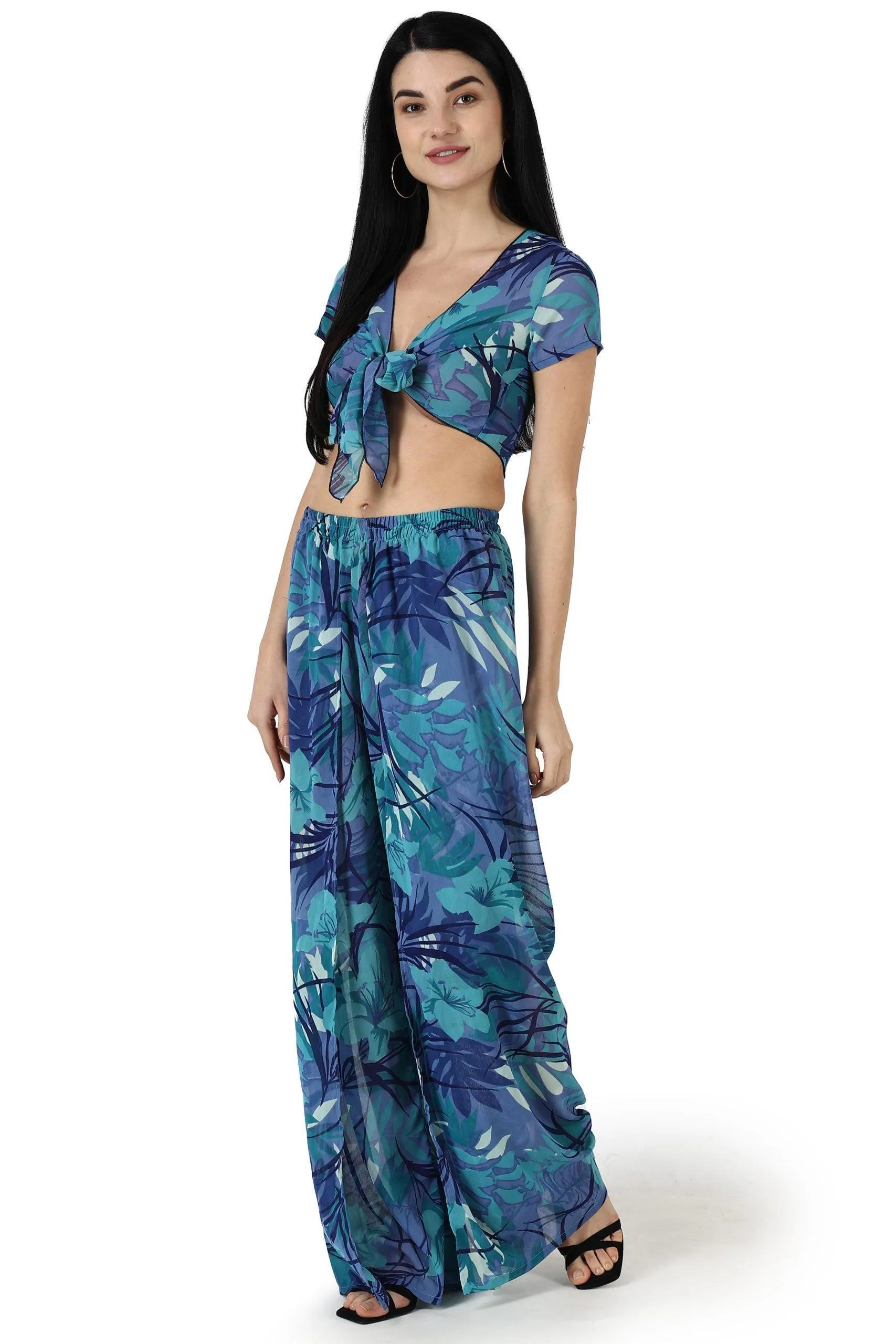 Blue Floral-Leaf Printed Front Tie Top with Flared Pyjama