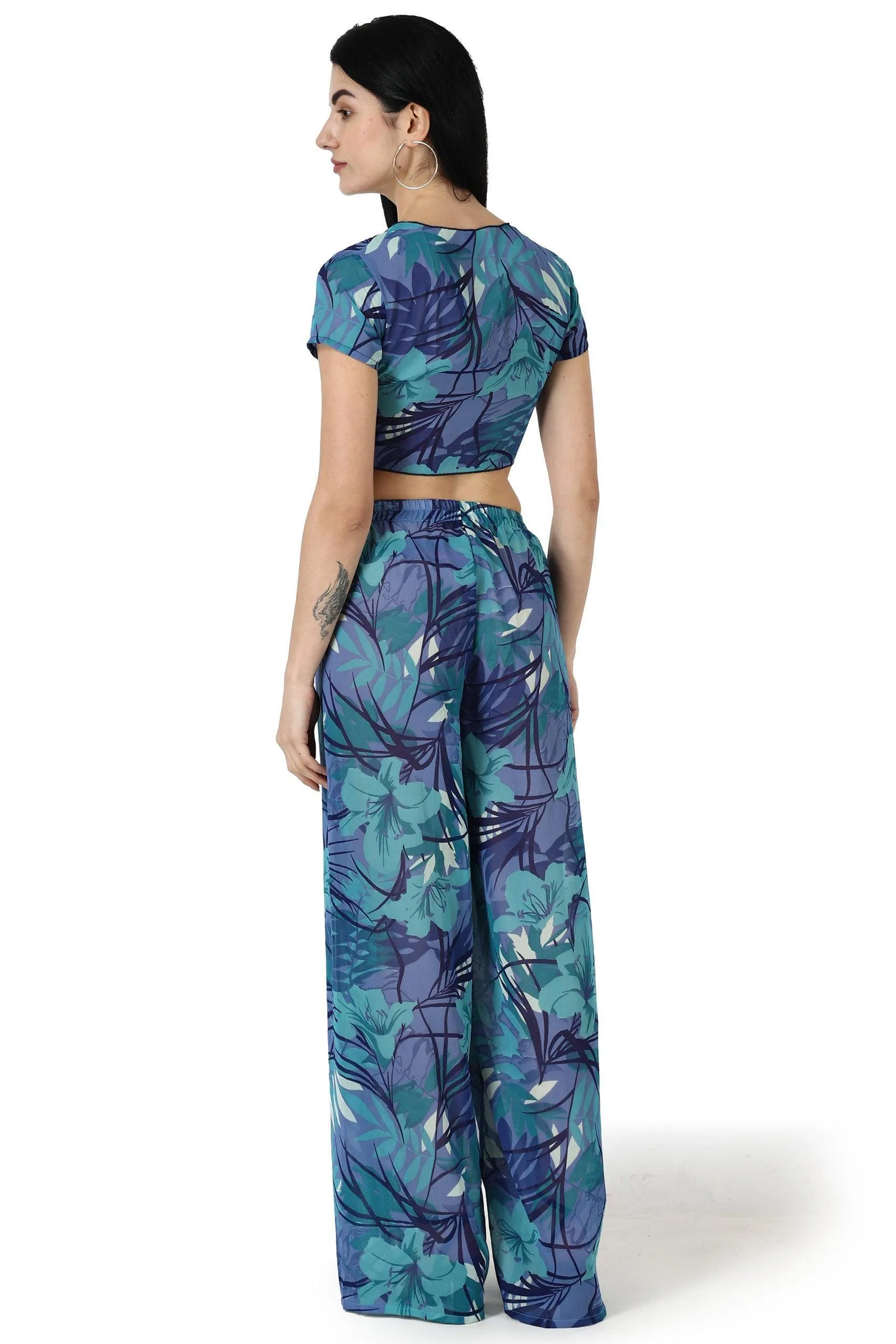 Blue Floral-Leaf Printed Front Tie Top with Flared Pyjama