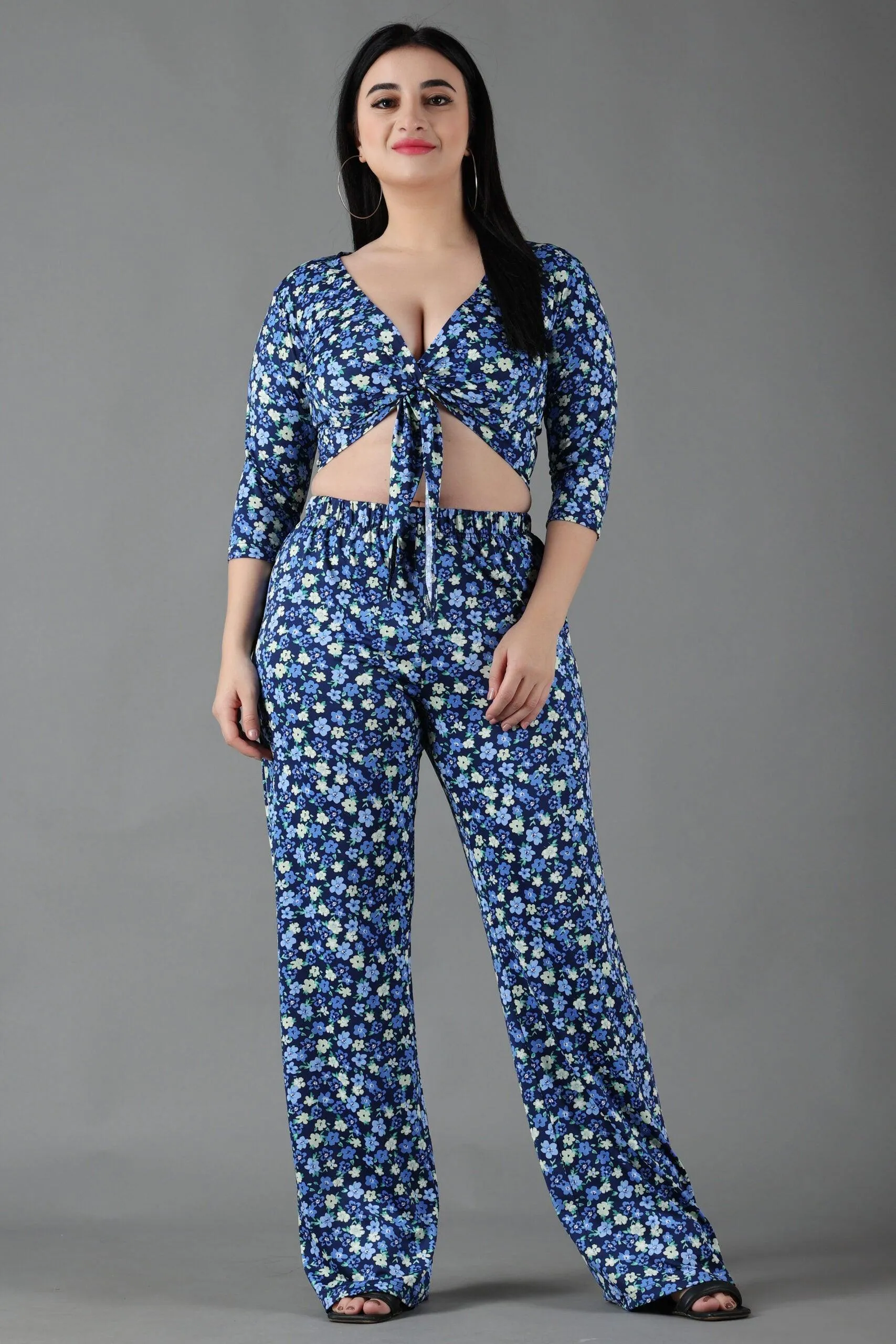 Blue Floral Printed Front Tie Top with Flared Pyjama