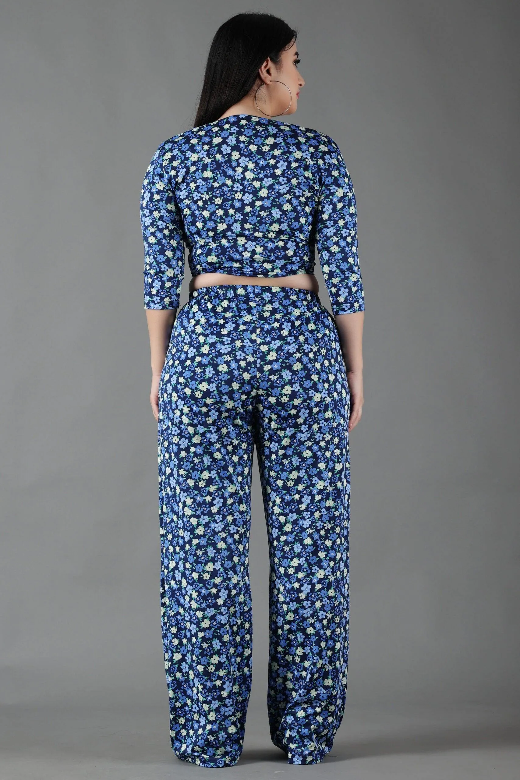 Blue Floral Printed Front Tie Top with Flared Pyjama