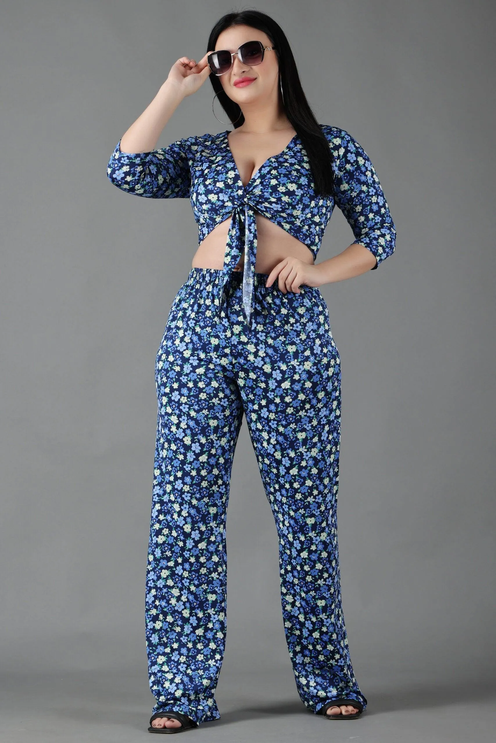 Blue Floral Printed Front Tie Top with Flared Pyjama