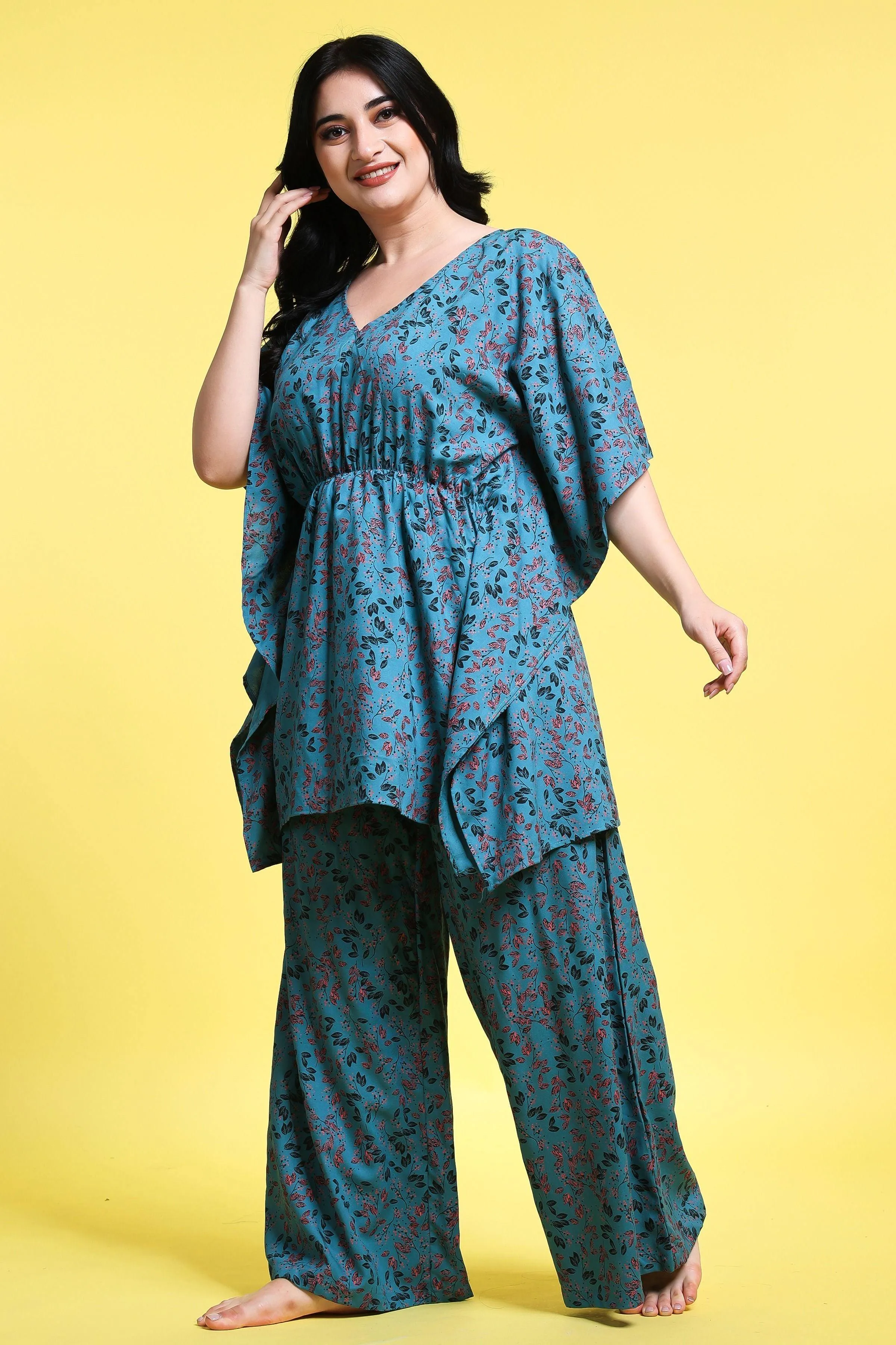 Blue Floral Printed Kaftan Set