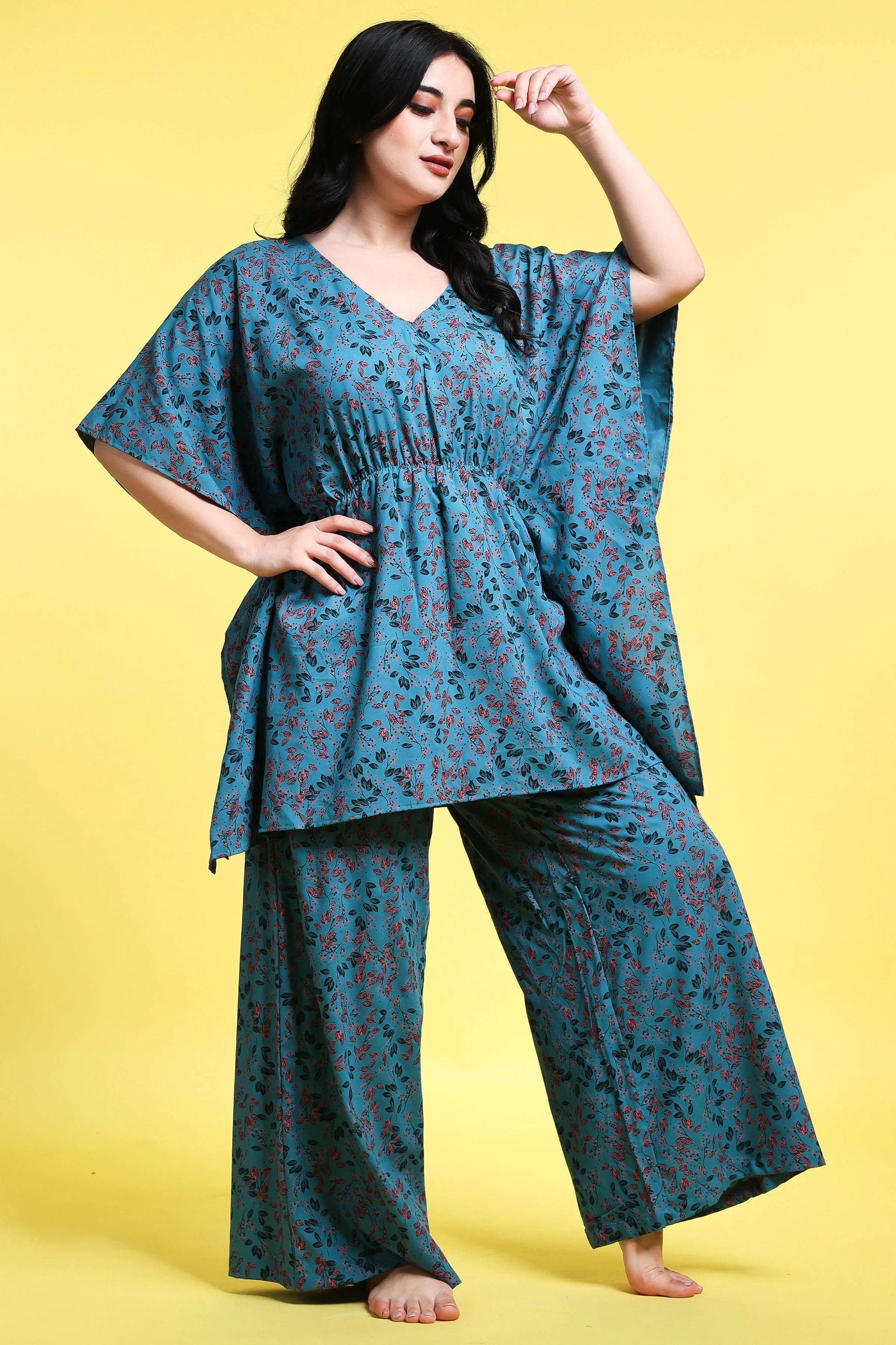 Blue Floral Printed Kaftan Set