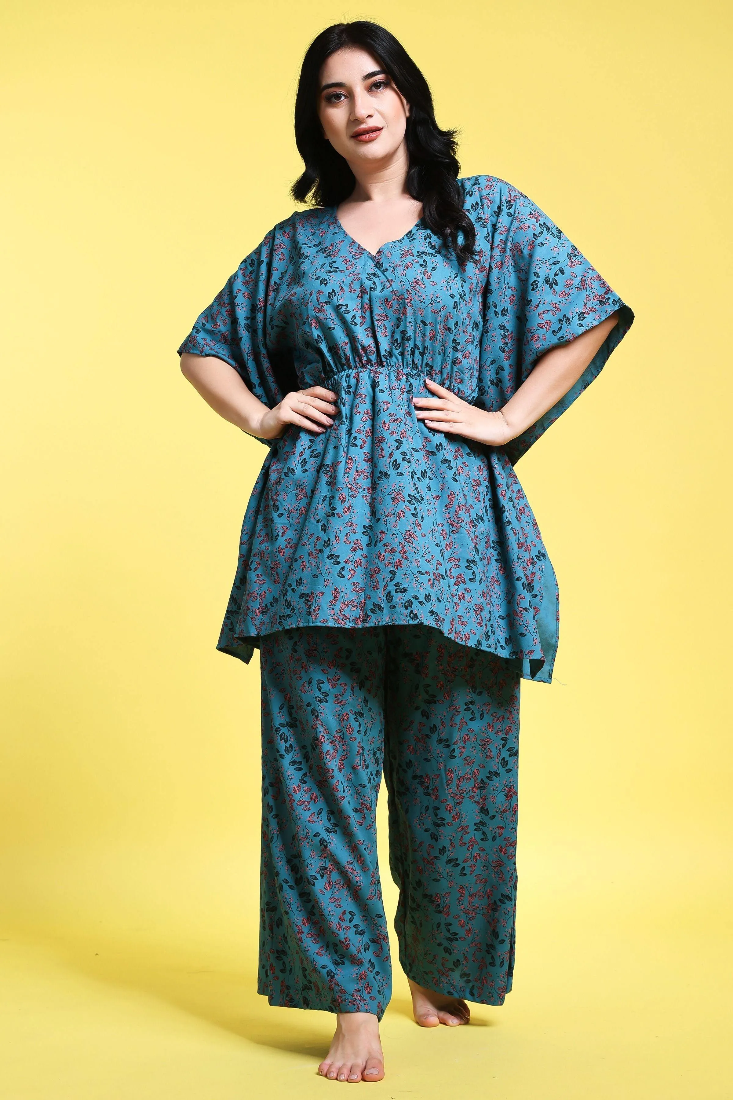 Blue Floral Printed Kaftan Set