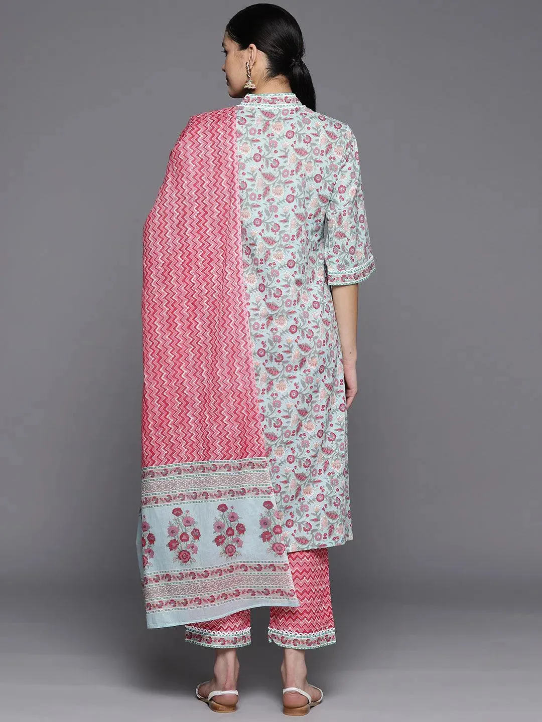 Blue Printed Cotton A-Line Kurta With Trousers & Dupatta