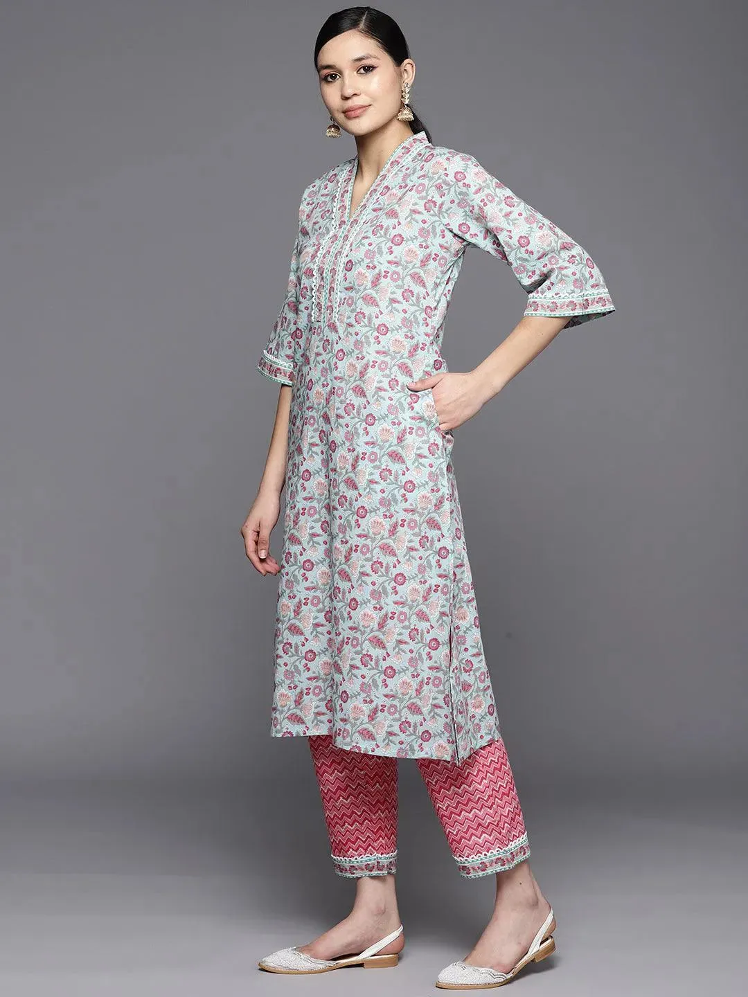 Blue Printed Cotton A-Line Kurta With Trousers & Dupatta