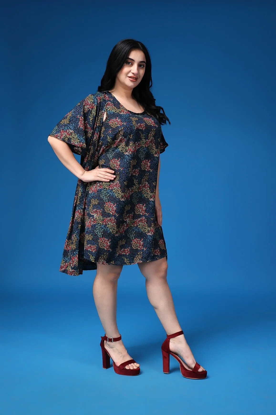 Blue Small Floral Printed Dress with Shrug