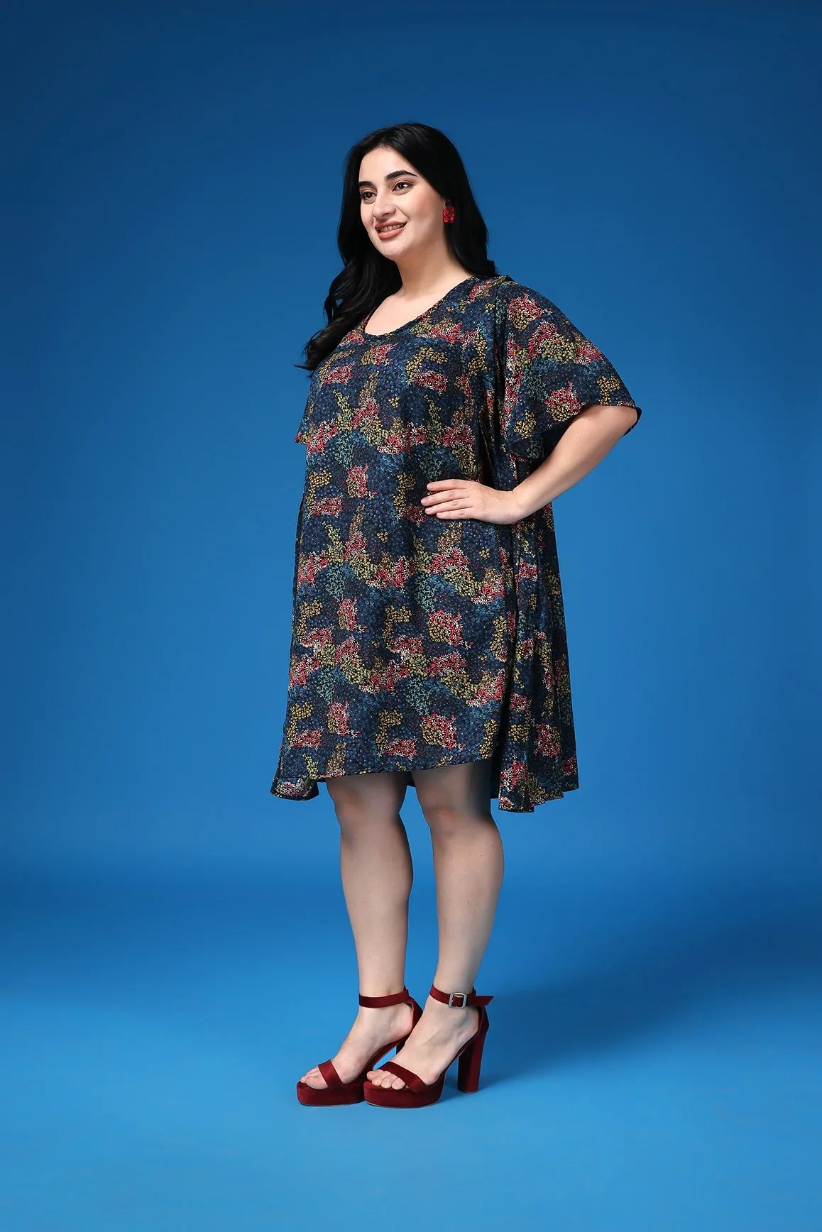 Blue Small Floral Printed Dress with Shrug