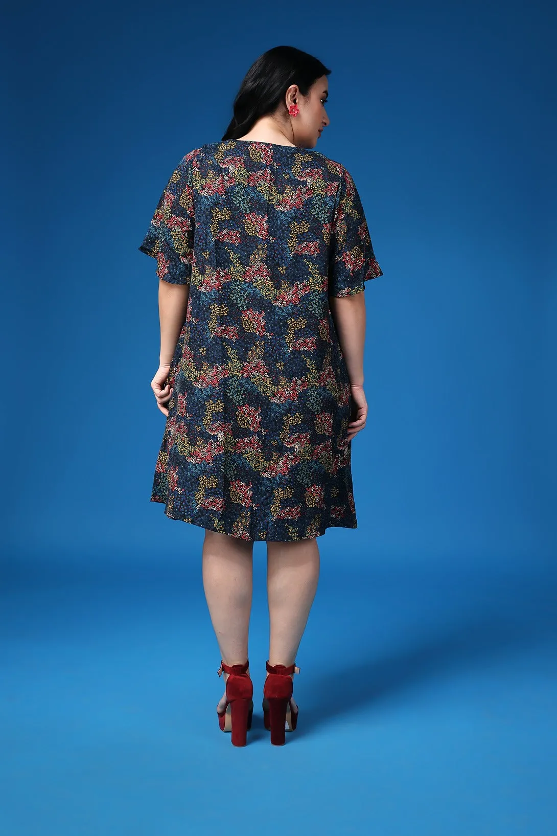 Blue Small Floral Printed Dress with Shrug