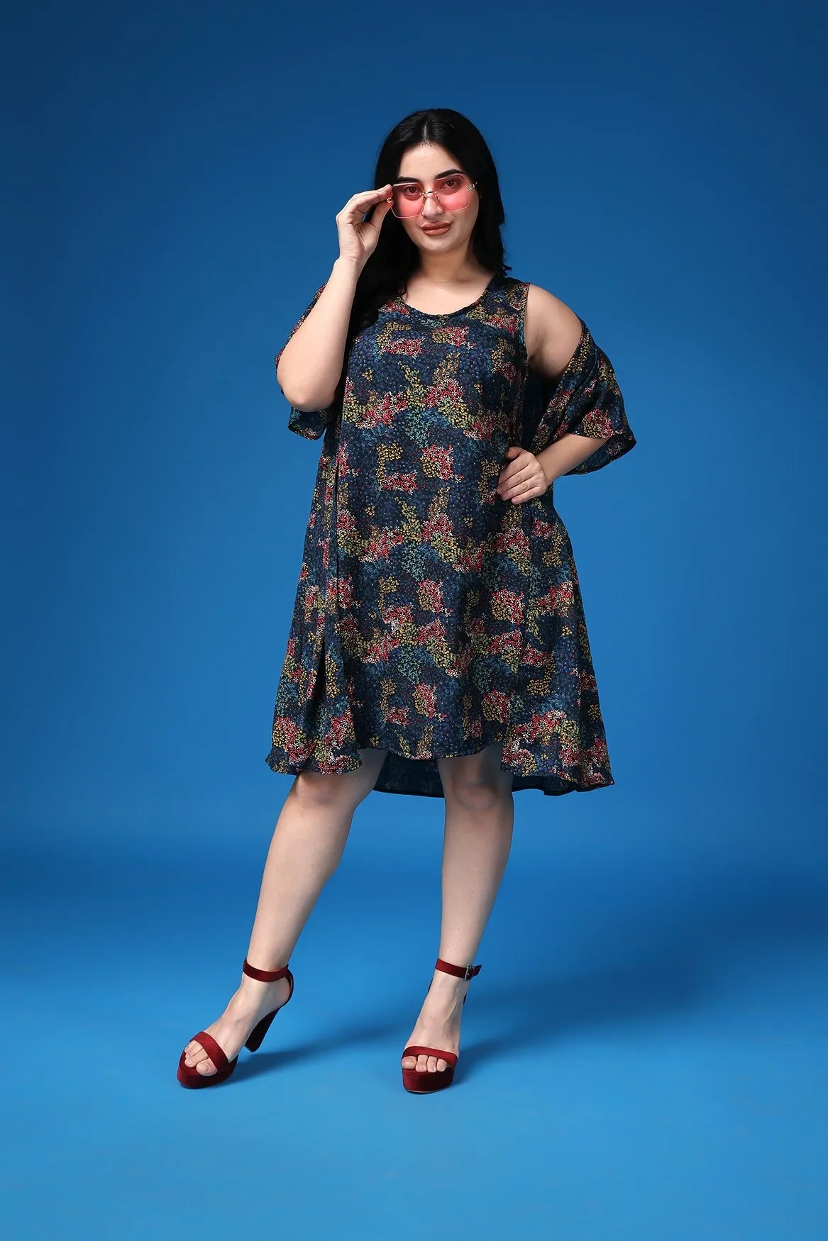 Blue Small Floral Printed Dress with Shrug