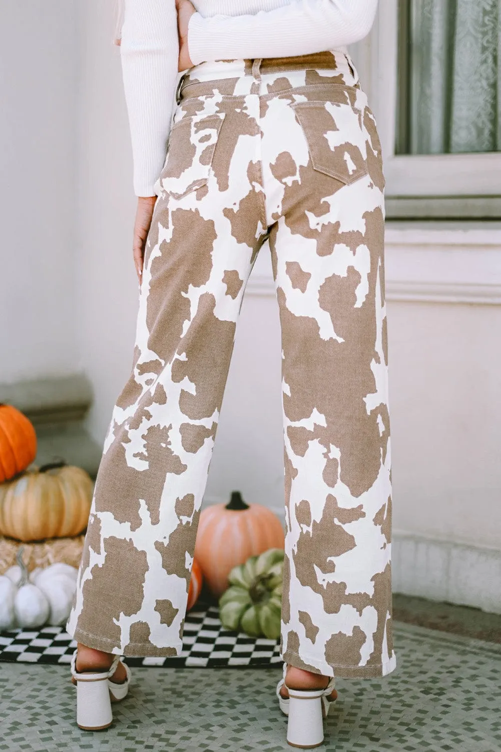 Brown and White Cow Print Pants