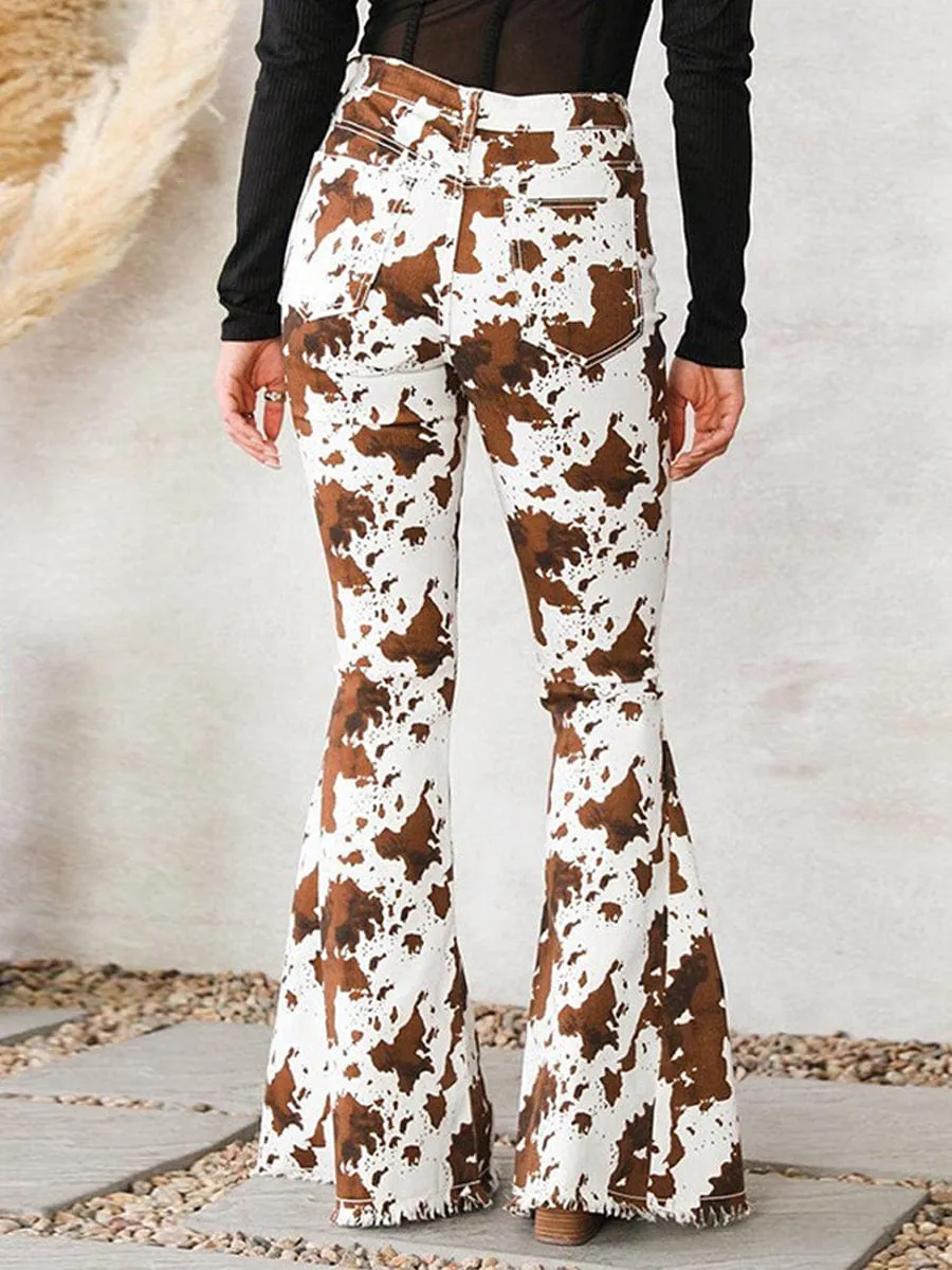 Brown and White Cow Print Pants