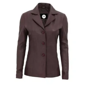 Brown Three Button Closure Leather Blazer for Women