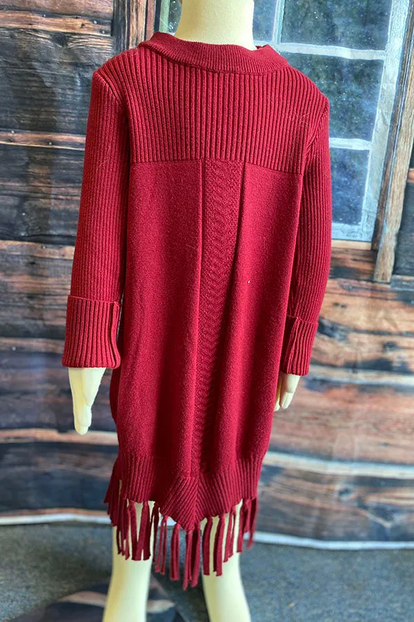 Burgundy girls knit dress w/tassels DLH2516